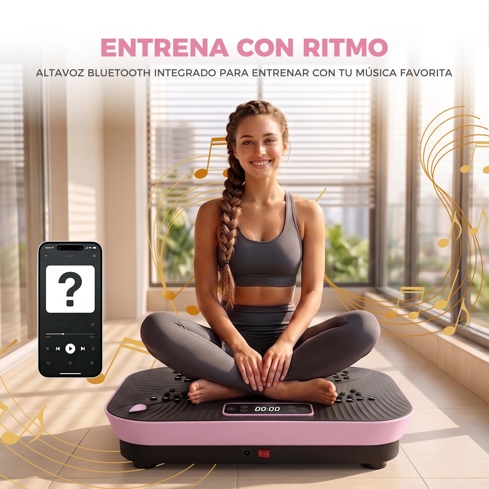 Plataforma Vibratoria Fitness, Máquina Vibratoria para Adelgazar con Bluetooth, Masaje Magnético, Base XL 57cm, Soporta 300 LB, con Bandas