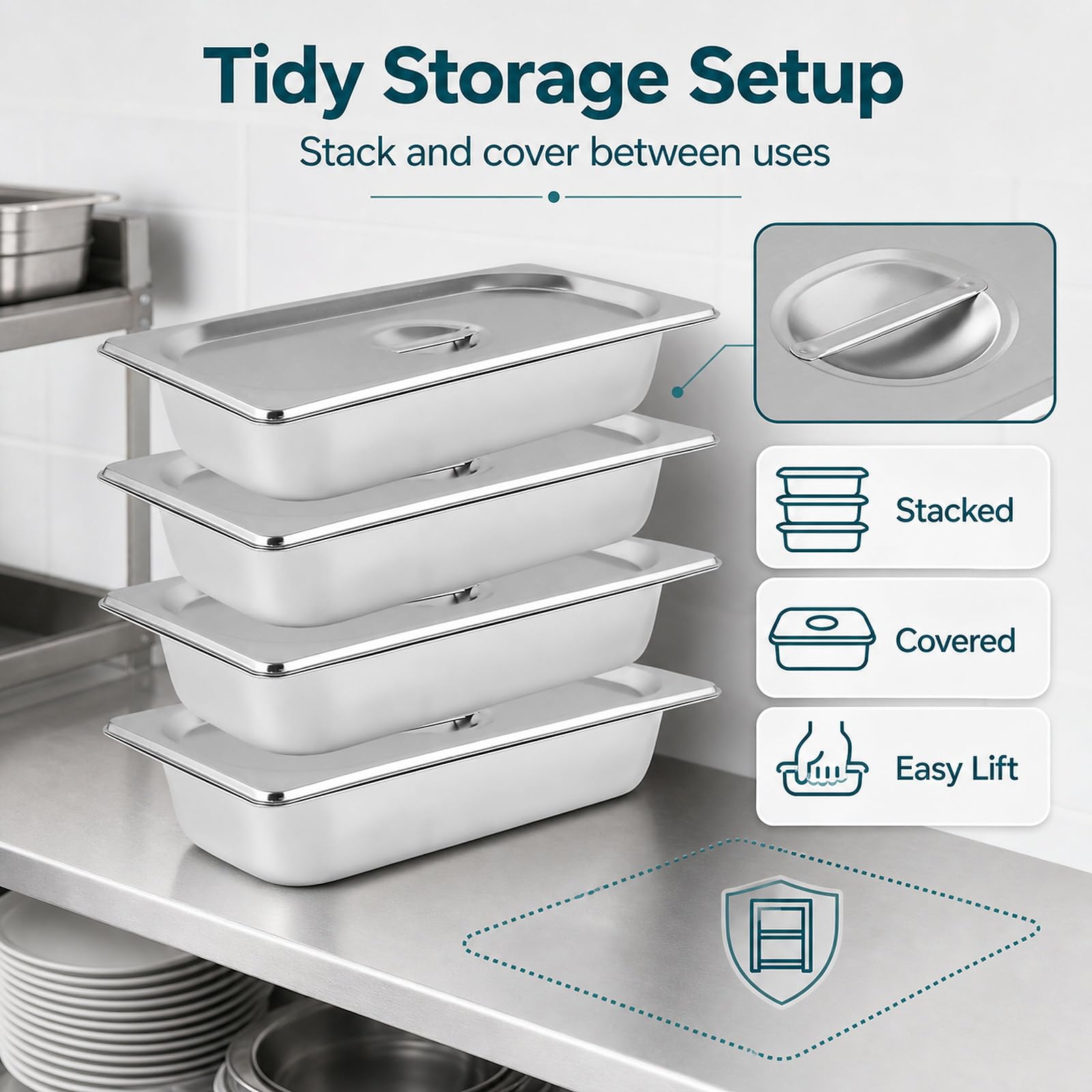 WOPPLXY 4 contenitori per gastro, 32,5 x 17,5 x 6,5 cm, in acciaio inox con coperchio, contenitore GN 1/3 per carne e pesce