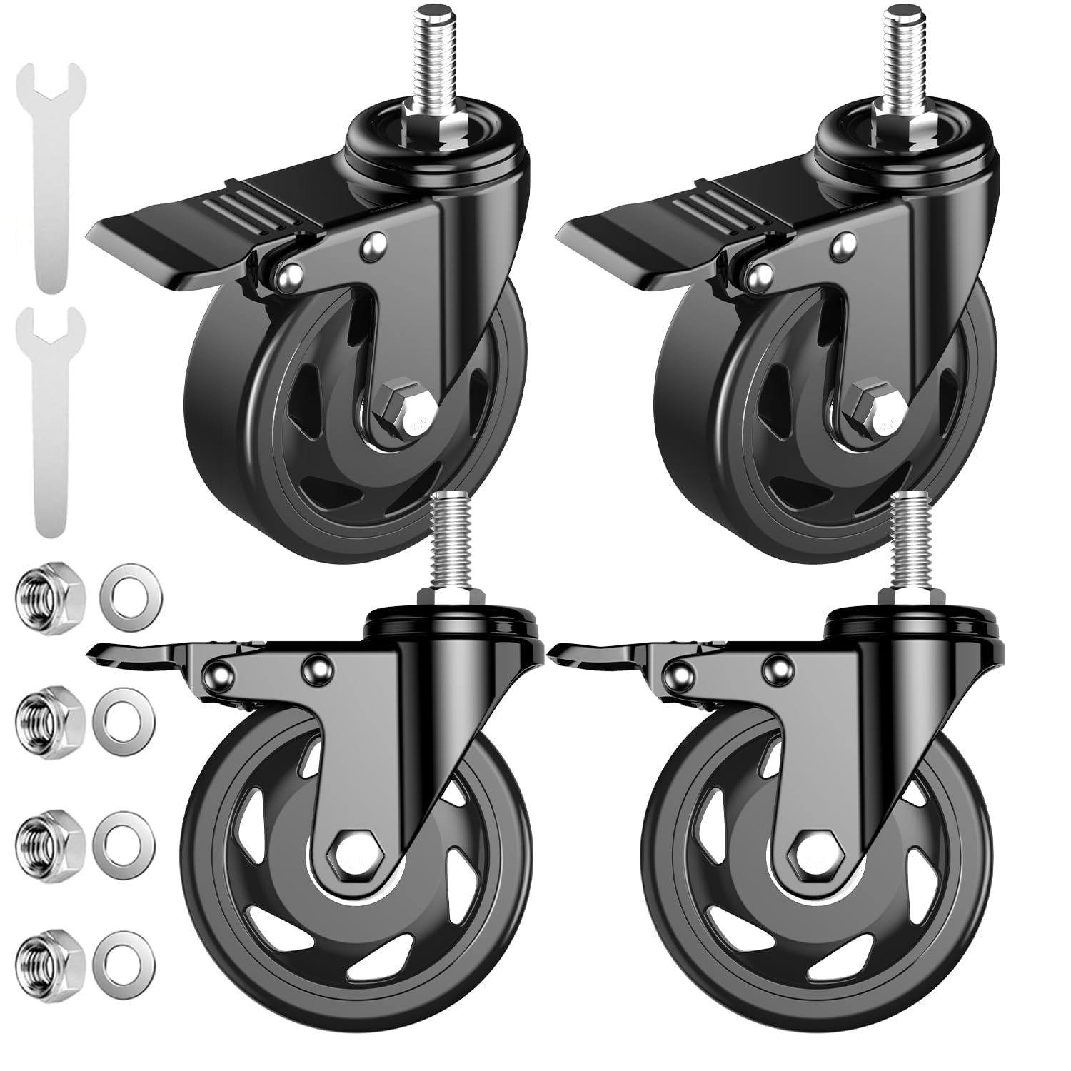 Sohnvwtgd Black-1/2"-13X1" Casters Set Of 4,3 Inch Threaded Stem Caster Wheels,1/2"-13 X 1(Stem Diameter 1/2",Stem Length 1"), Heavy Duty Casters Black, Locking Swivel Caster Wheels With Brake