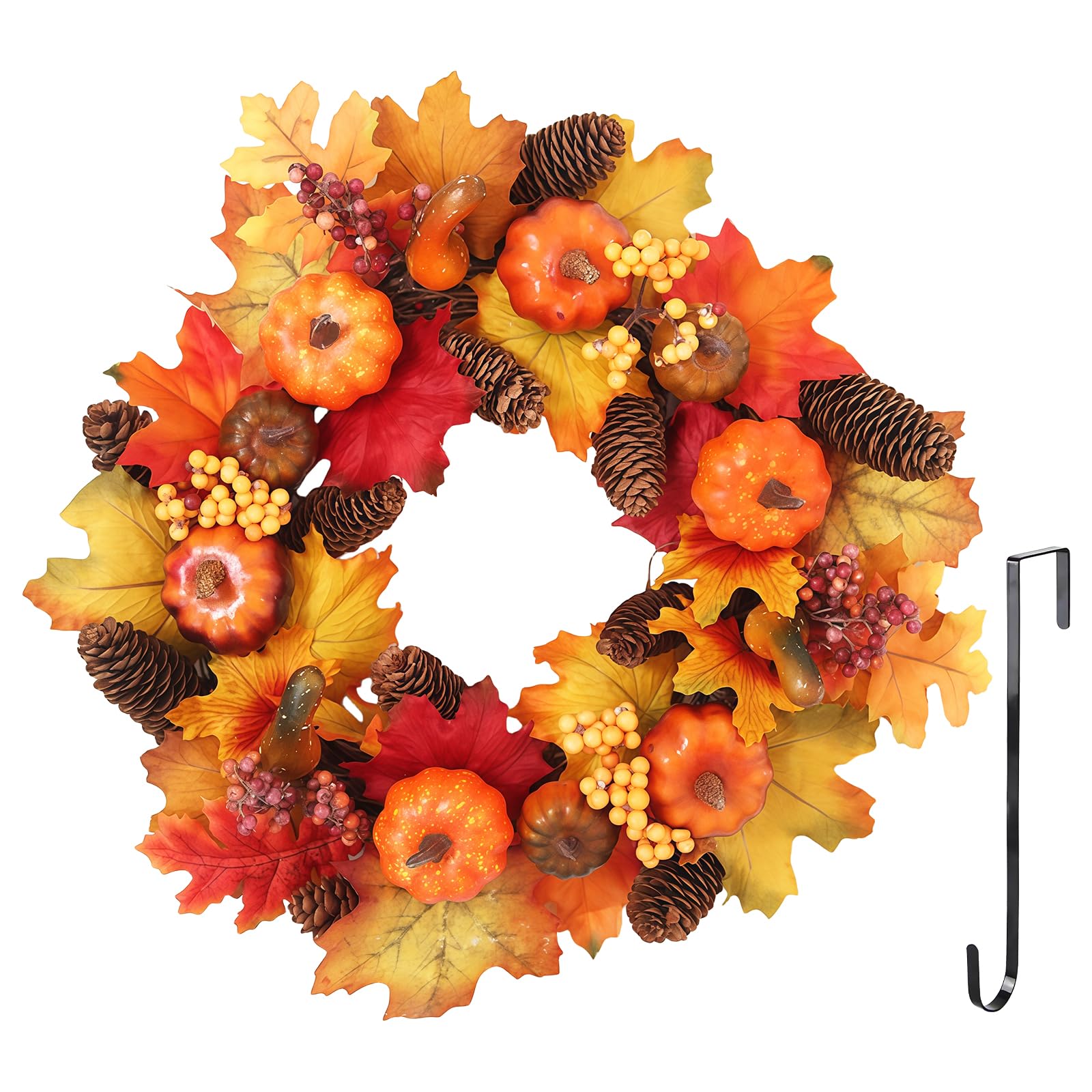 Corona de puerta para otoño exterior, 40 cm, calabazas con calabazas artificiales, hoja de arce, baya, piña, corona de otoño para puerta de casa, corona artificial de otoño, hoja de arce para