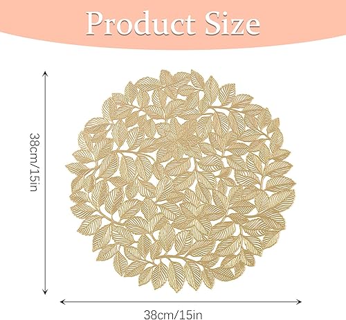 Miniatura 2 de Juego de 4 manteles individuales de hoja dorada, manteles individuales huecos redondos metálicos resistentes al calor, manteles individuales de