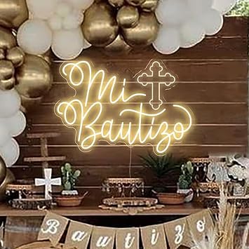 Mi Bautizo Neon Sign Spanish My Christening Party Signs for Wall Decor Happy Birhthday Christening Gifts Light Up Led Sign for Wall Decoration Size 24inch