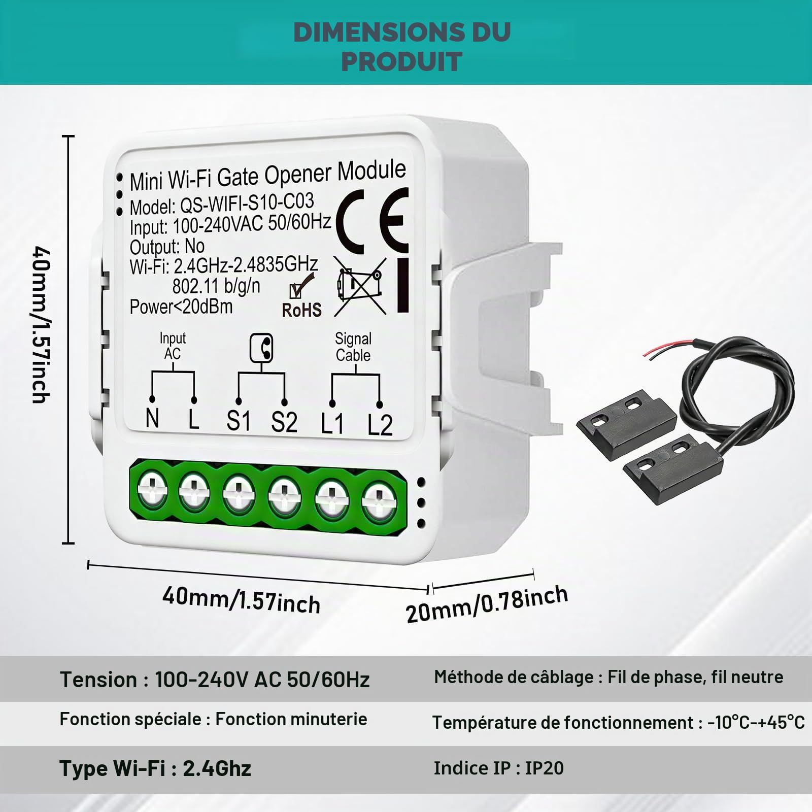 Module D’interrupteur Connecté de Garage, Commande Intelligente de Portail Roulant, Ouvre-Porte de Garage Connecté WIFI, Ouvre Portail Connecté Commande à Distance via L’application Smart Life/Tuya