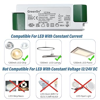 50W LED Driver Power Supply 200-240Vac to 27-40Vdc 1200mA Constant Current, Transformer for Recessed Ceiling Flat LED Panel Lights 60x60, 120x30, 120x60cm, GS-PA50A02-1200, TUV CE CB