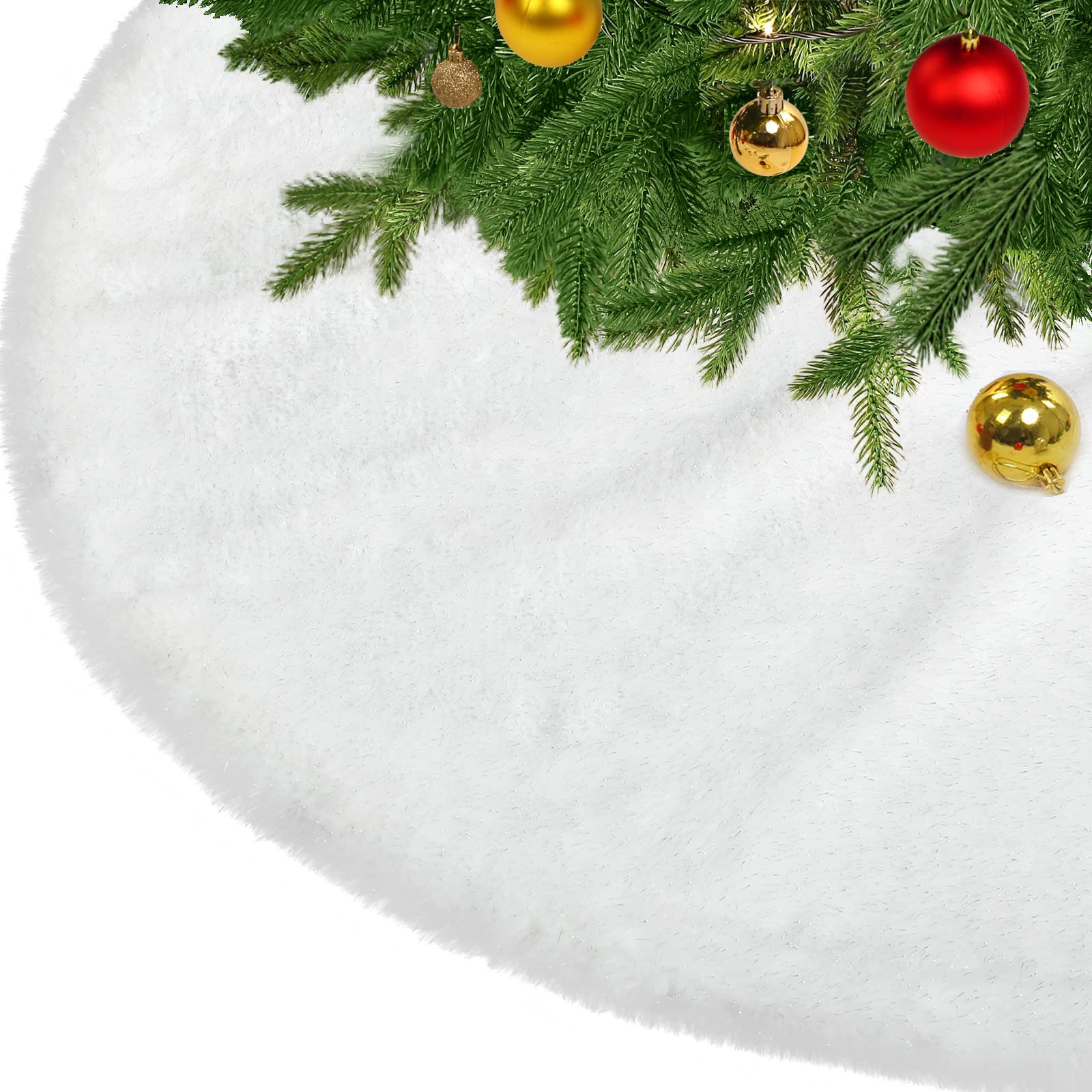 KONVINIT White Christmas Tree Skirt Faux Fur Xmas Tree Skirt Fluffy Sparkly Glitter Christmas Tree Mat Blanket Floor Protector Luxury Christmas Tree Decorations