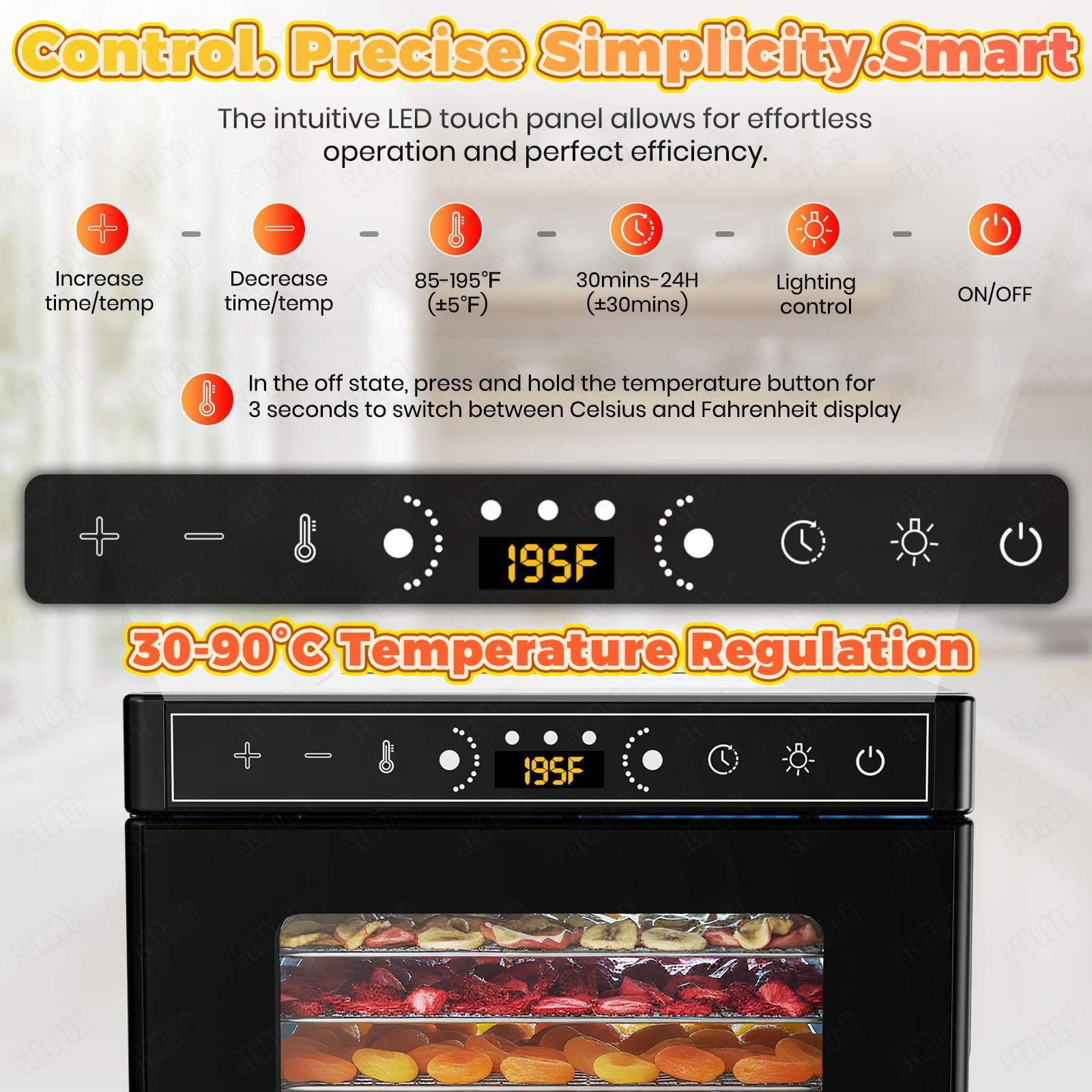 Deshidratador digital silencioso de 400 W, 6/8 bandejas, puerta de vidrio y flujo de aire 360°.35–74 °F, funcionamiento eficiente para elaborar snacks saludables, frutas desecadas