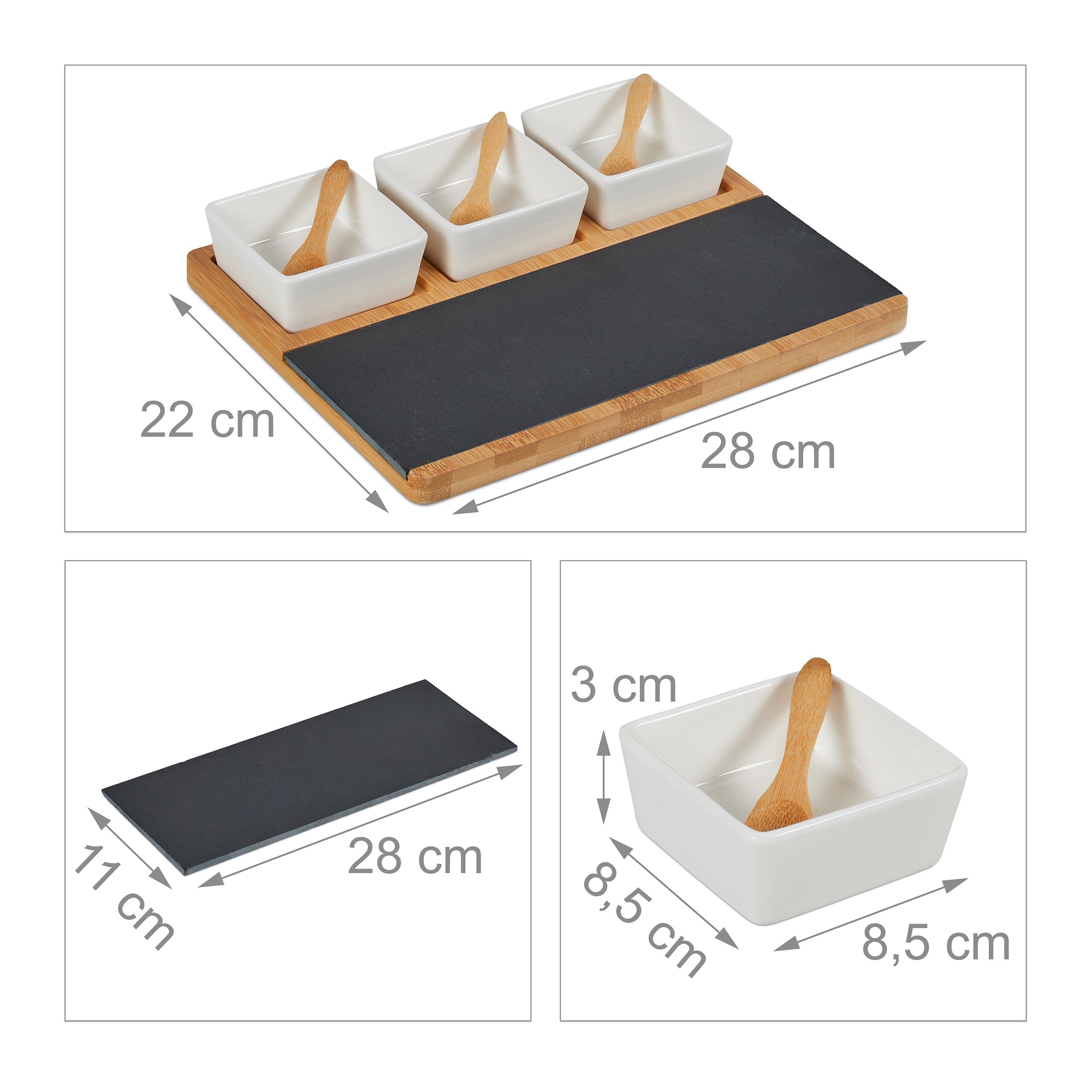 Relaxdays Set Bandejas para Servir, con Tabla de Bambú, Plato de Pizarra y Cucharas, para Sushi, Tapas, Multicolor