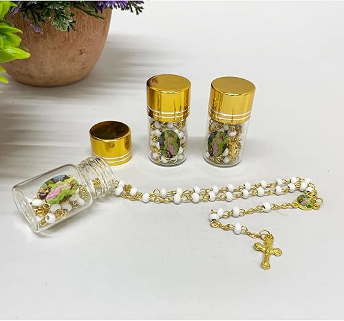 Miniatura 3 de RBN Rosario de ángel de la guarda en frasco de vidrio con cuentas de cristal chapado en blanco y oro, collar de crucifijo católico – 12 unidades,