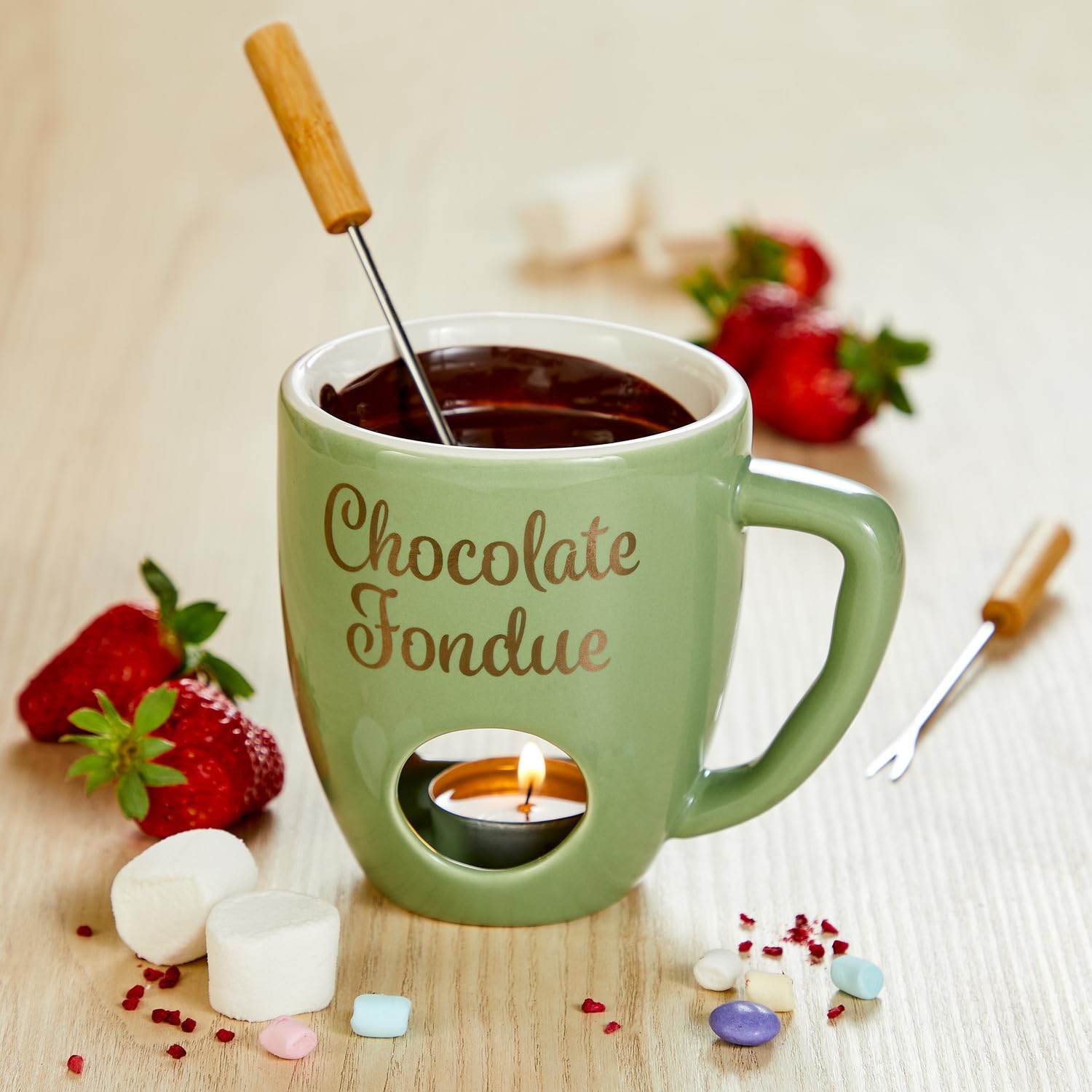 Keramik-Fondue-Set Mit Tasse, 2 Gabeln & 4 Teelichtern – Weiß, Für Schokolade, Käse & Marshmallows (ideal Für Date-Night)