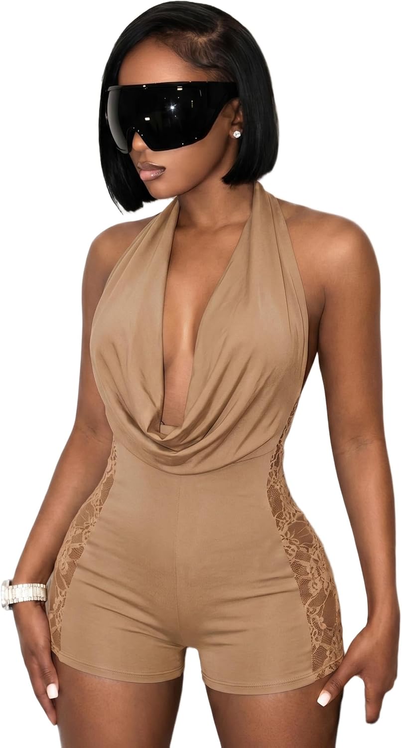 Womens One Piece Halter Shorts Romper Sexy Lace Backless Cowl Neck Jumpsuits Going Out Clubwear