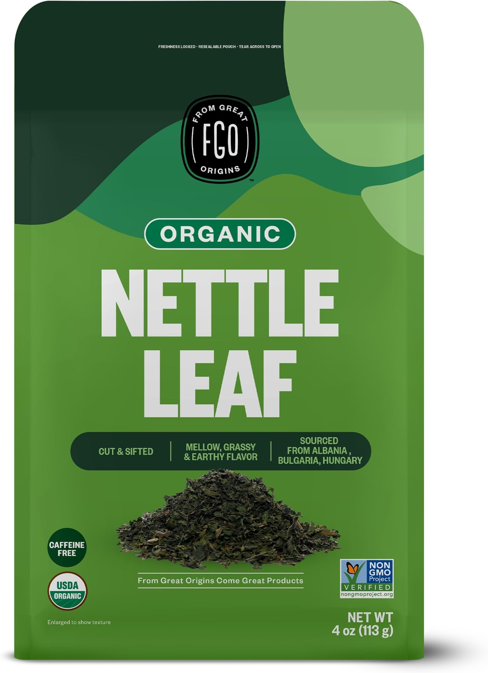 FGO Organic Nettle Leaf Loose Tea, Cut and Sifted, Caffeine Free, 4oz Resealable Bag, Packaging May Vary (Pack of 1)