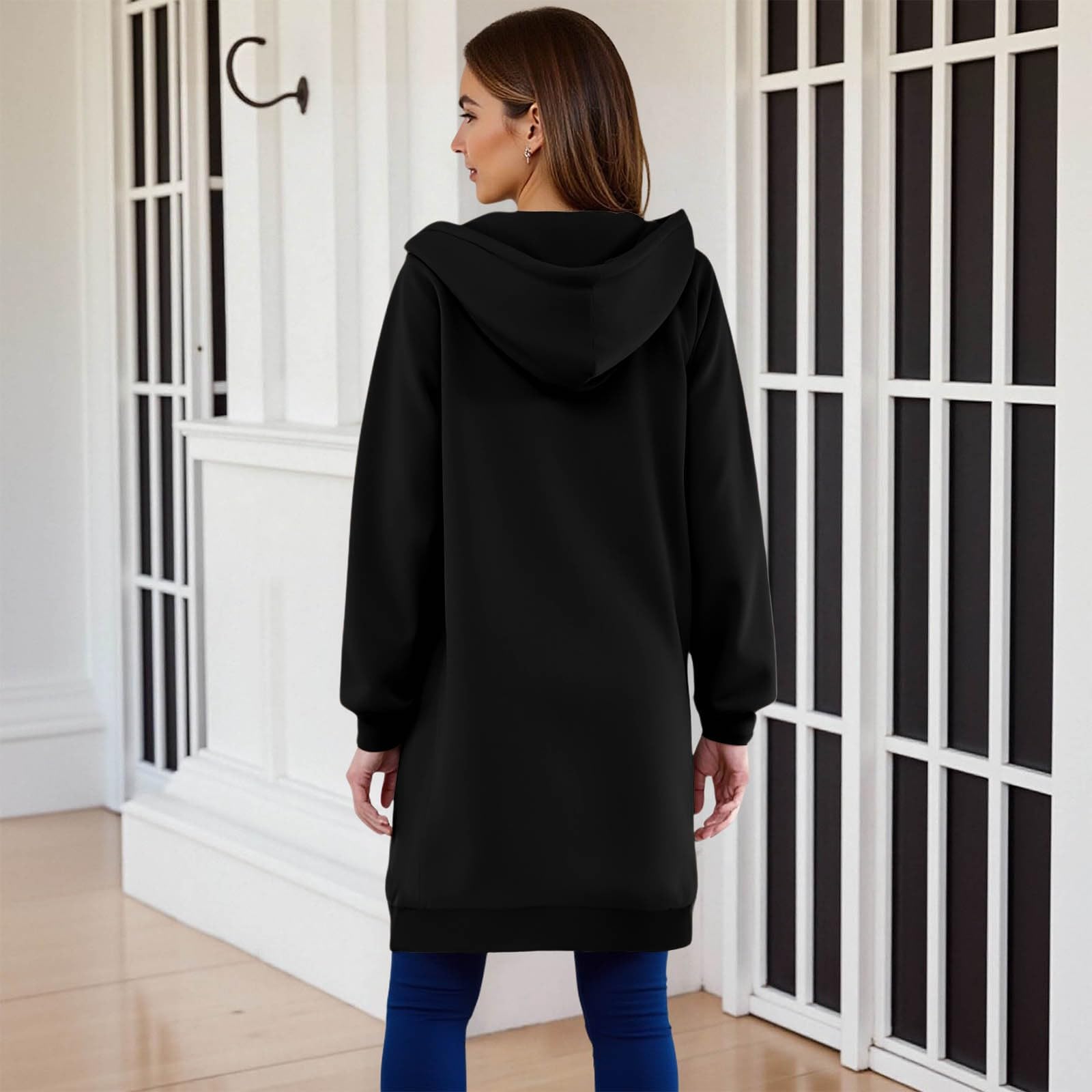 Générique Sweat Long à Capuche Zippé Femme Manteau Automne Hiver Chaud Sweatshirt Uni Rétro Veste Manches Longues Légère Décontractée Pull Comfortable avec Poches Hoodies