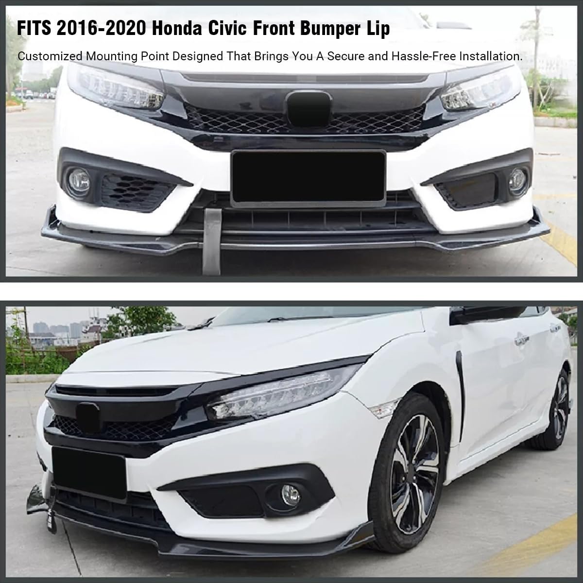 3 Pcs Front Bumper Lip for Honda Civic 2016 2017 2018 2019 2020, Front Lip Chin Splitter Spoiler Body Kit Honda Civic Accessories (Glossy Black)