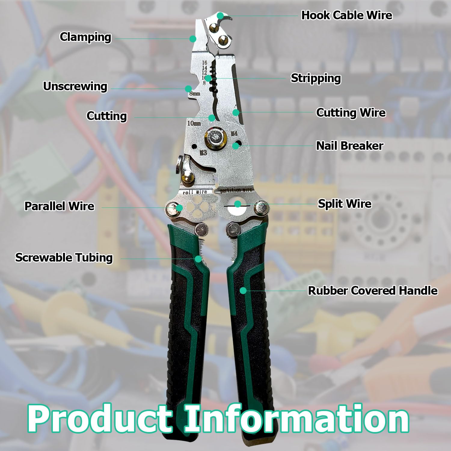 Pinza Spellacavi Elettricista 16 In 1 - Multiuso Verde, 211mm, Con Guanti, Per Cavi 0.08-16mm&sup2;