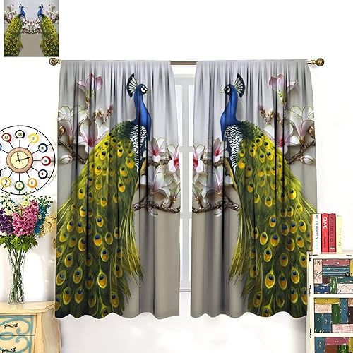 Miniatura 211 de Cortina opaca con estampado de pavo real, con estampado de animales retro, con bolsillo para cortinero y flores de peonía doradas, para dormitorio,