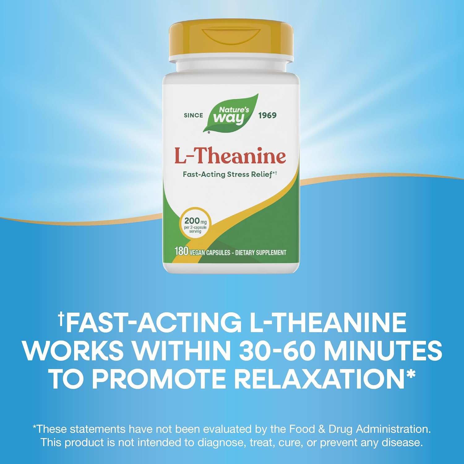 Nature's Way L-Theanine, Stress Support*, Promotes Relaxation*, 200 mg per 2-Capsule Serving, Vegan, 180 Capsules (Packaging May Vary)