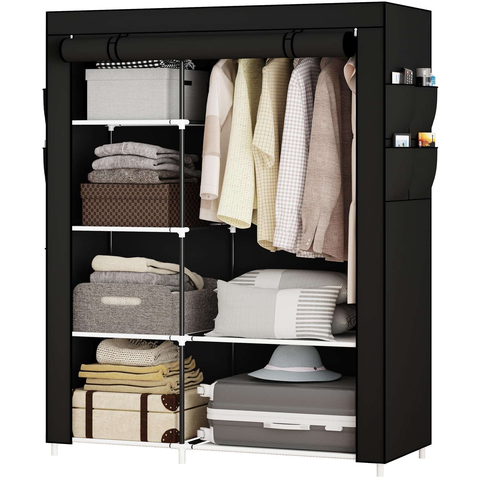 SMILOVII Canvas Wardrobe for Bedroom, Portable Clothes Storage Organiser, Foldable Closet Cupboard Unit, Fabric Wardrobes Shelves with Hanging Rail, Black