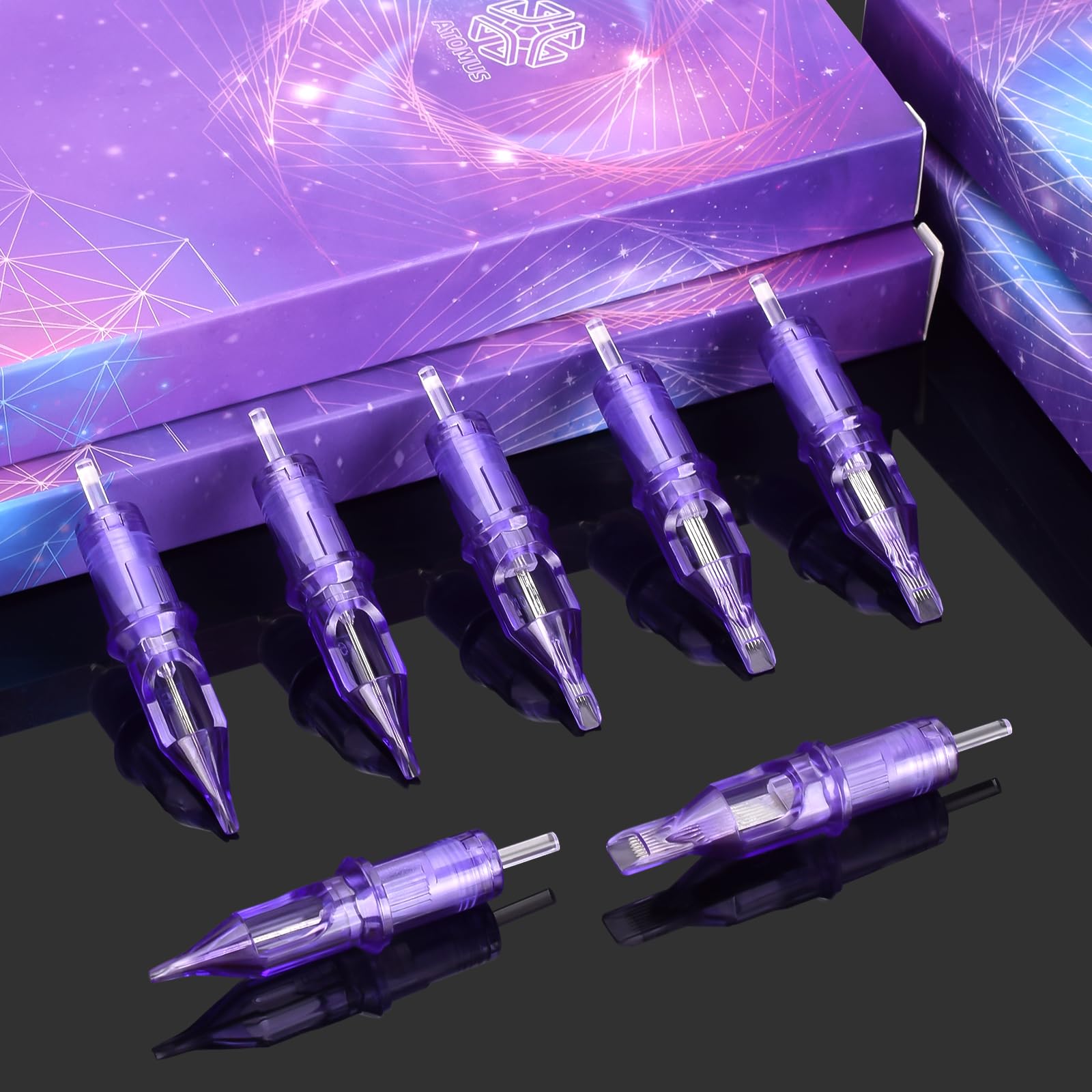 ATOMUS 50pcs Purple Tattoo Cartridge Needles 5pcs 1005RS 7RS 9S 7M1 9M1 11M1 7RM 9RM 11RM 15RM Tattoo Needles for Tattoo Gun Pen Shader Pattern for Pen Rotary Machine Tattoo Supplies