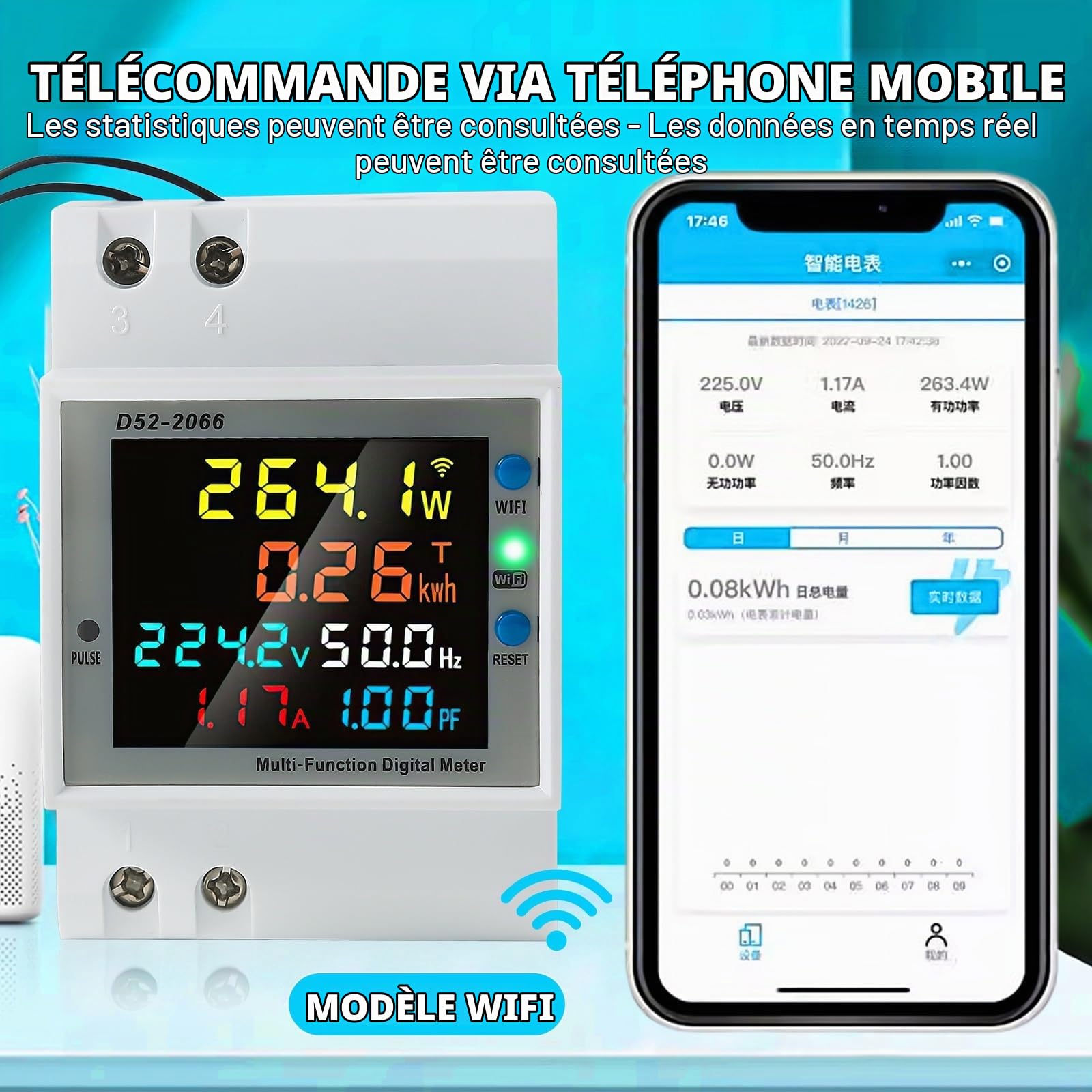 Jadeshay WiFi Compteur d'Énergie Monophasé, 6 en 1 Compteur Electrique Wattmetre Wifi LCD Voltmètre Ampèremètre Numérique pour Rail DIN Compteur KWh AC40-300V 100A(CT externe)