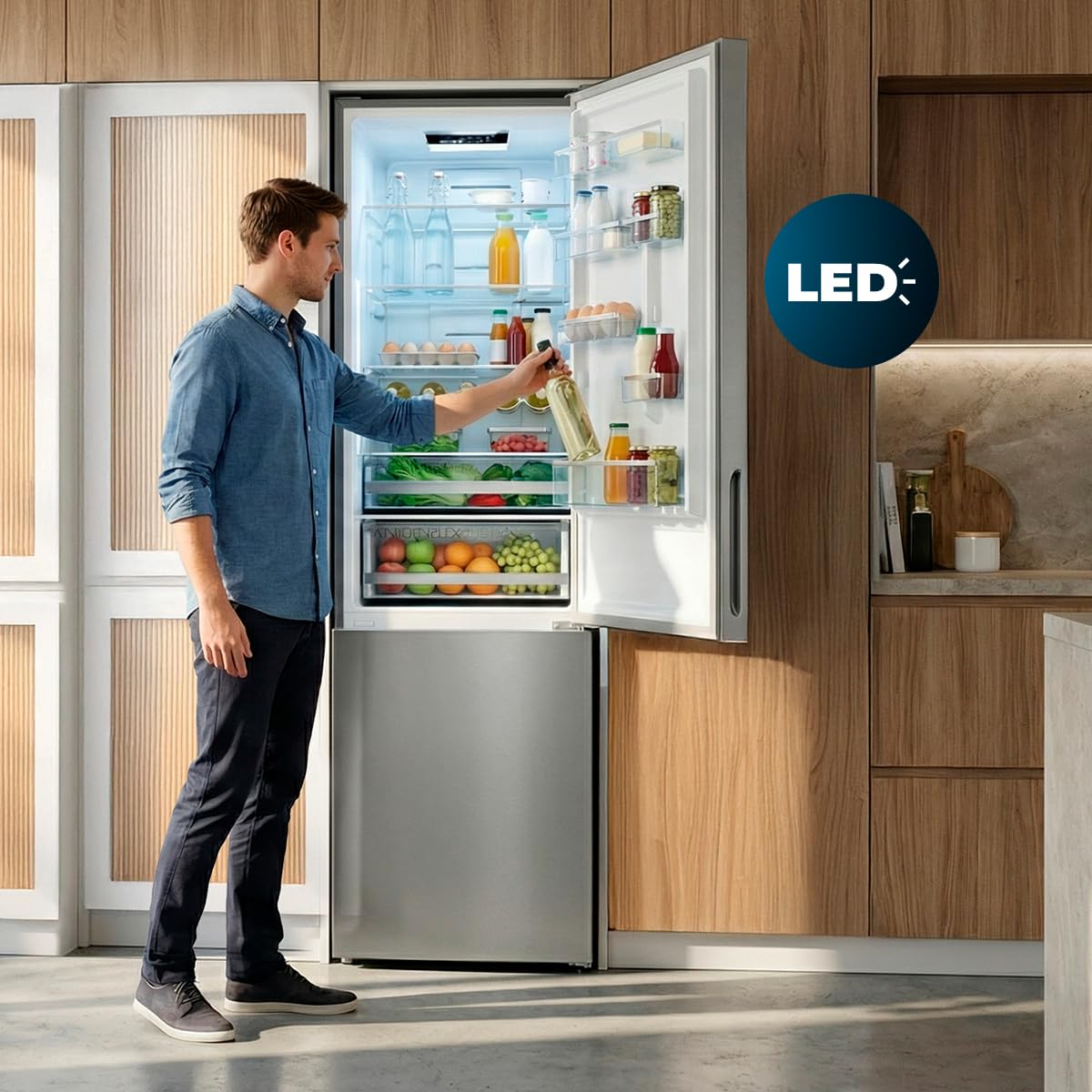 Cecotec Réfrigérateur Combiné Bolero CoolMarket Combi 356i Dark E. 200 cm de hauteur, 59,5 cm de largeur, Classe E, Technologie Multi Airflow, FreshnessFlex et HumidityFlex HUB, Dark Inox.