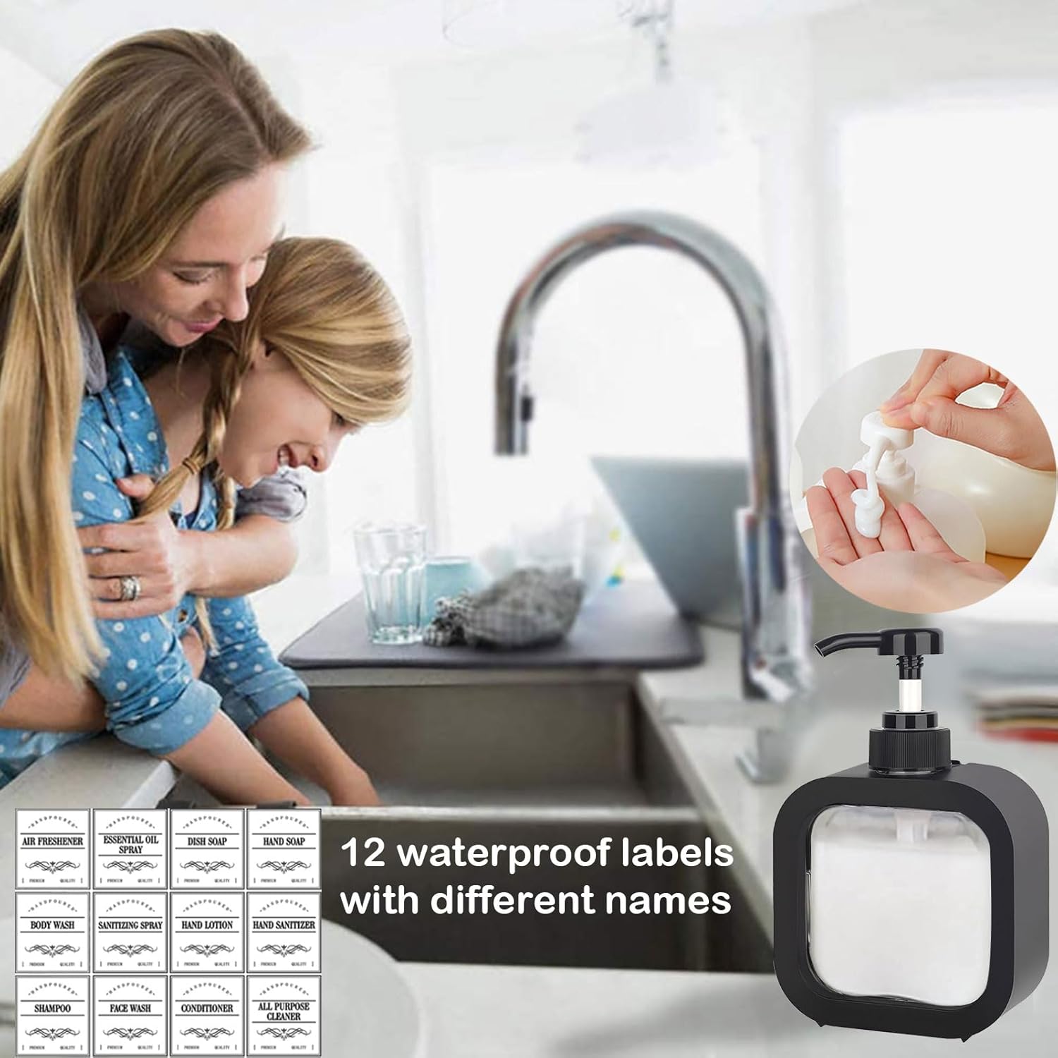 Soap Dispenser, Multifunctional, Bathroom & Kitchen, Liquid Dish Wash One-Hand Dispensing, Black, 10oz - Image 6