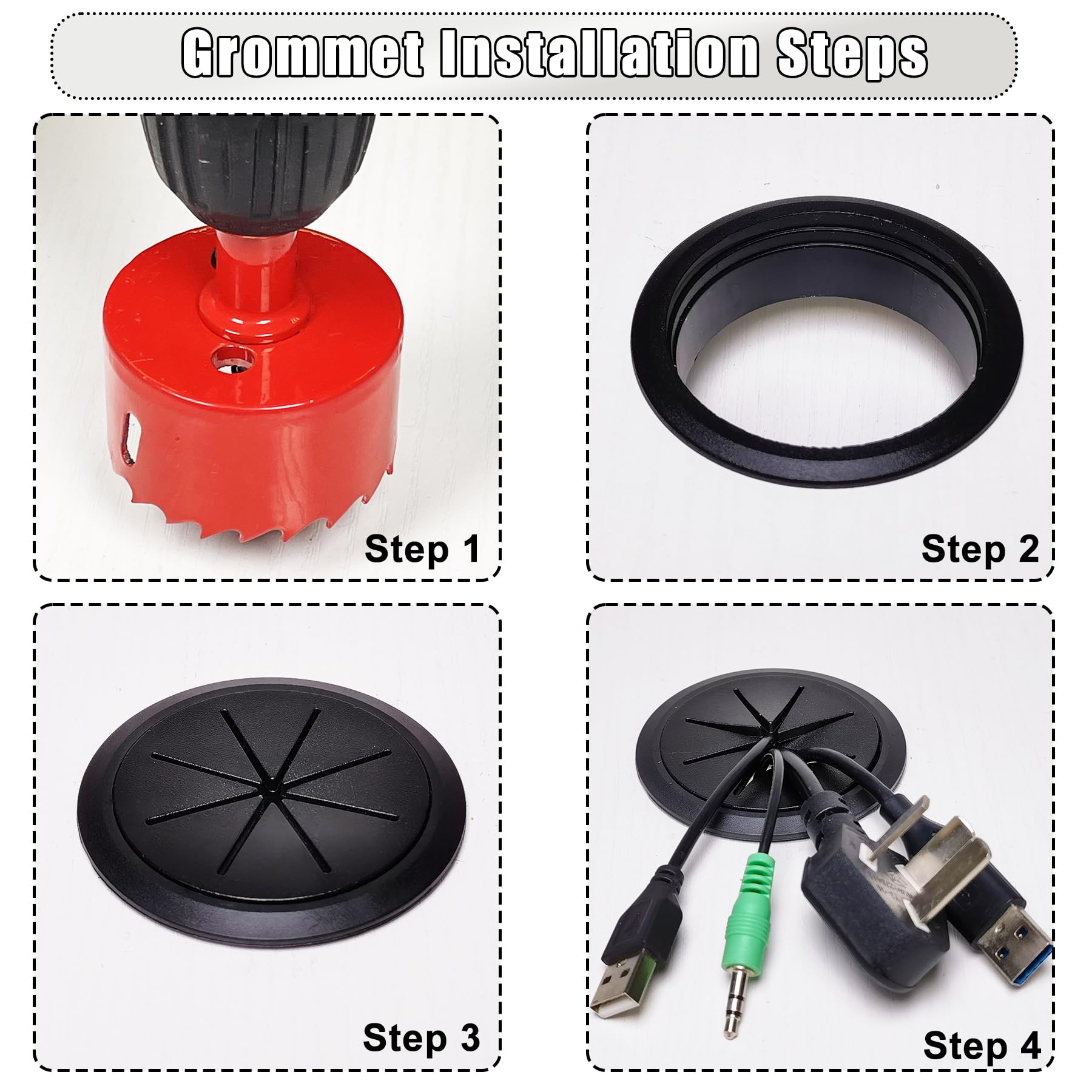 Confezione da 6 nascondicavi per TV, 60 mm, kit di gestione cavi da parete, per TV a parete, kit nascondi cavi TV dietro la parete, include 2 passanti e attacco per trapano (nero)