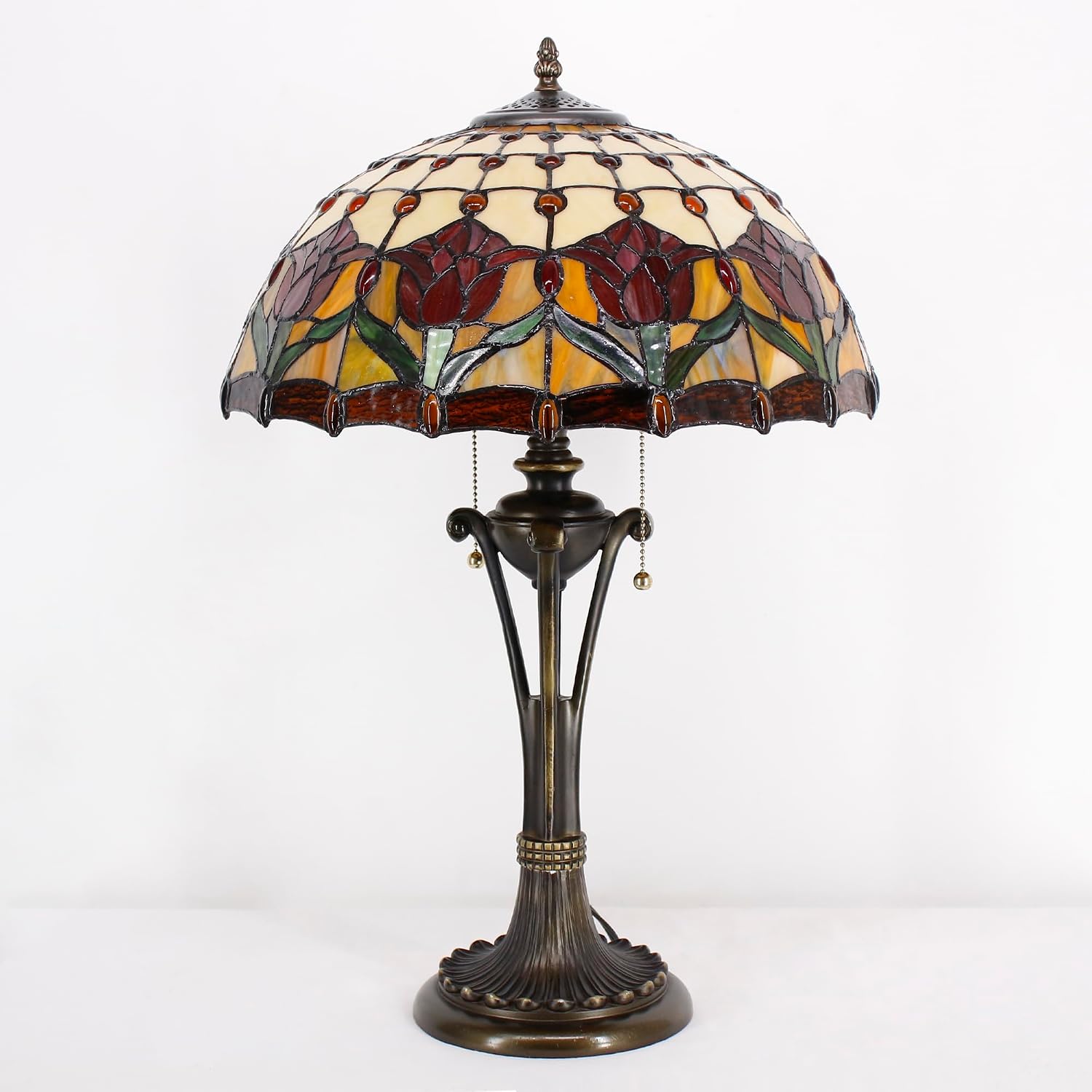 Tiffany Table Lamp Red Amber Stained Glass Desk Lamp 16X16X24 Inches Tulip Flower Style Reading Light