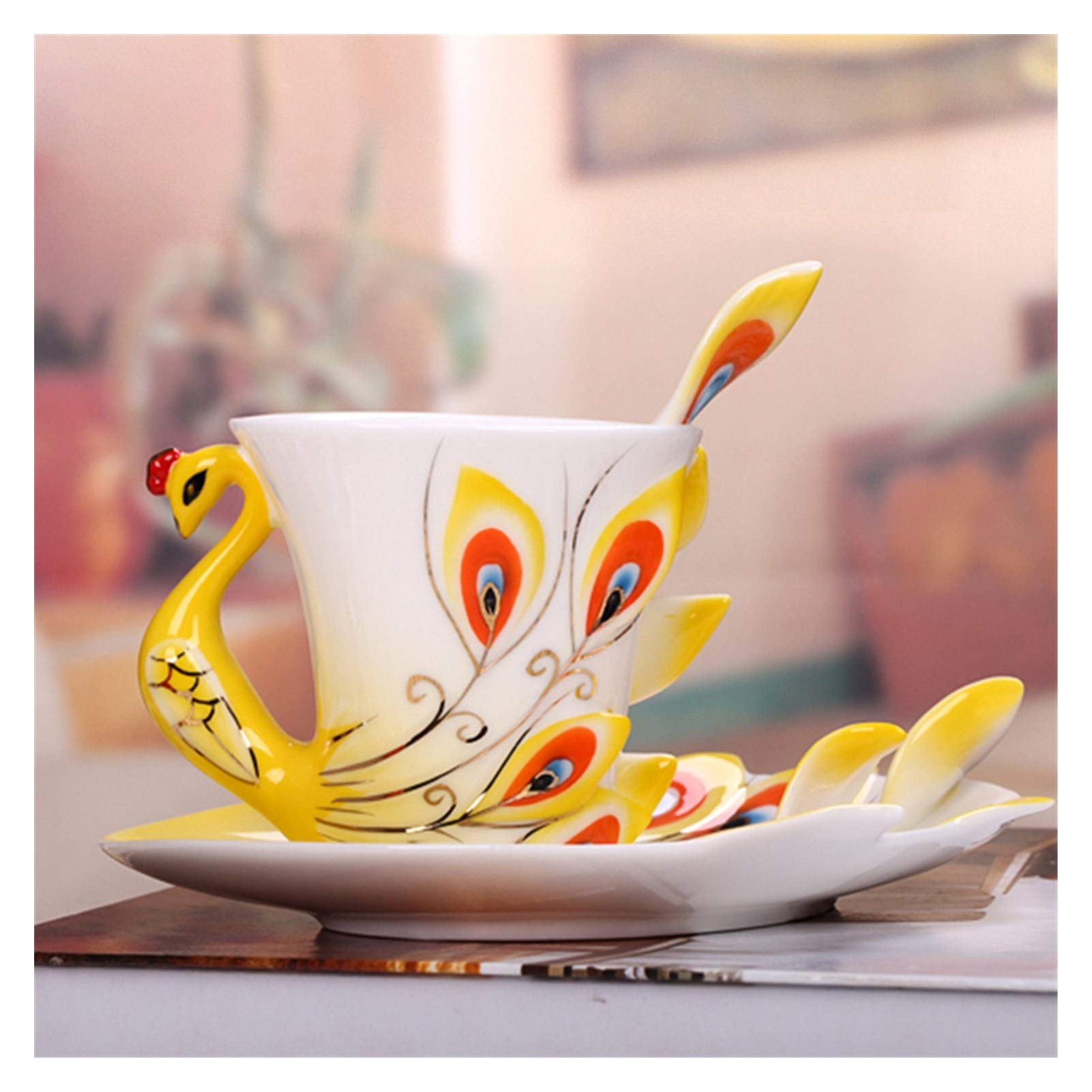 Kaffeetasse,Steingut Tassen Kreative 3D Hand Crafted Emaille-Pfau-Kaffeetasse-Set mit Untertasse und Löffel Geschenk Keramik Tee-Wasser-Schale Schale Geschenk(230ml,Orange)