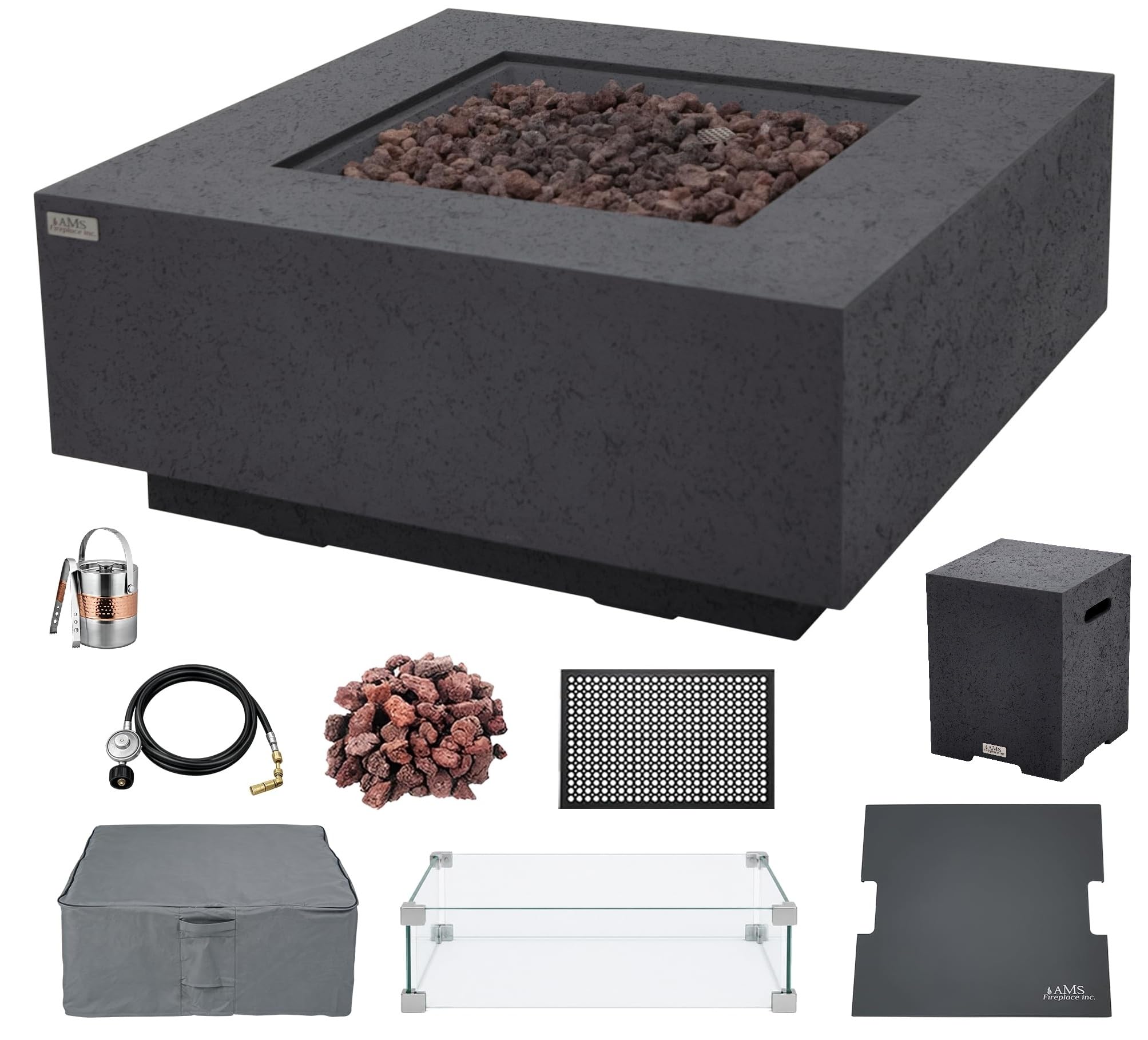 AMS 40" Square Concrete GFRC Propane Gas Fire Pit Table Bundle (Dark Gray)