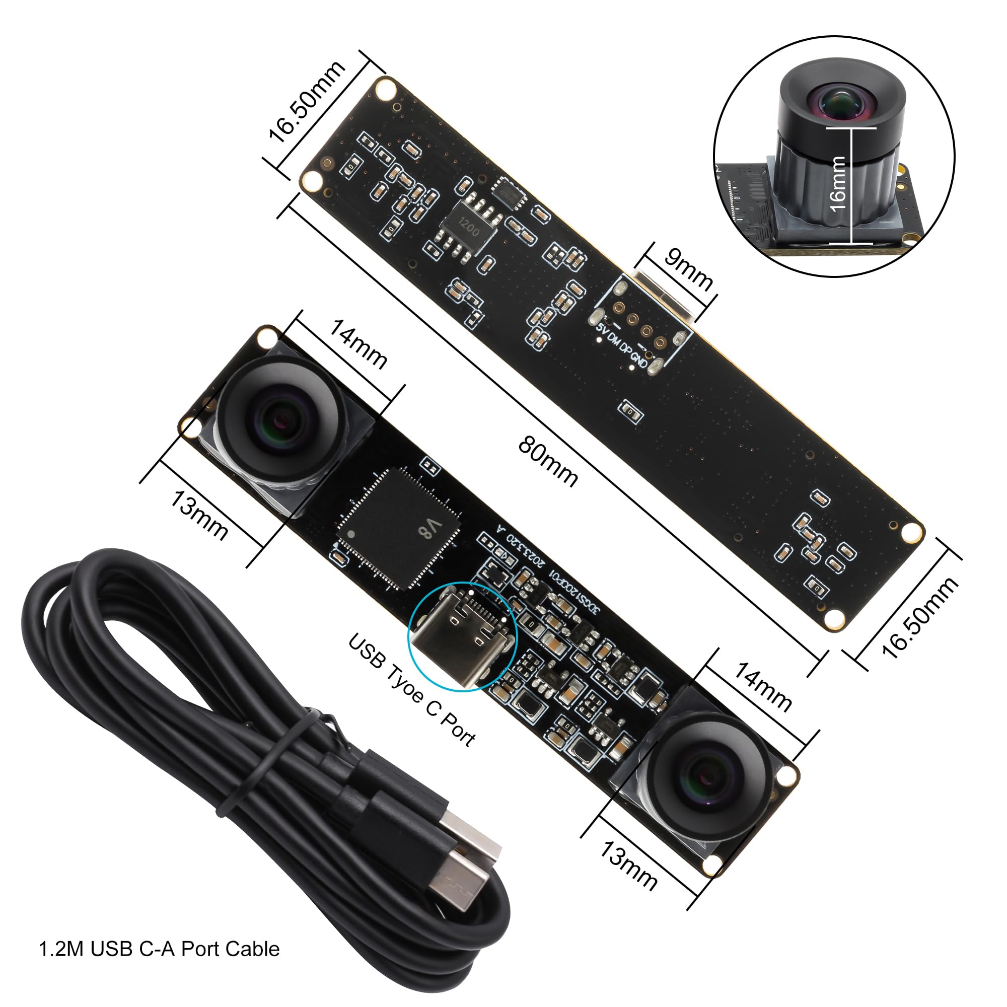 SVPRO Global Shutter USB Kamera mit M12 Dual Objektiv 1200P 60fps Industriekamera für Autos VR 3D Drucker,Robotik Kamera USB Plug in Kamera für Windows, Linux, Android, Mac OS