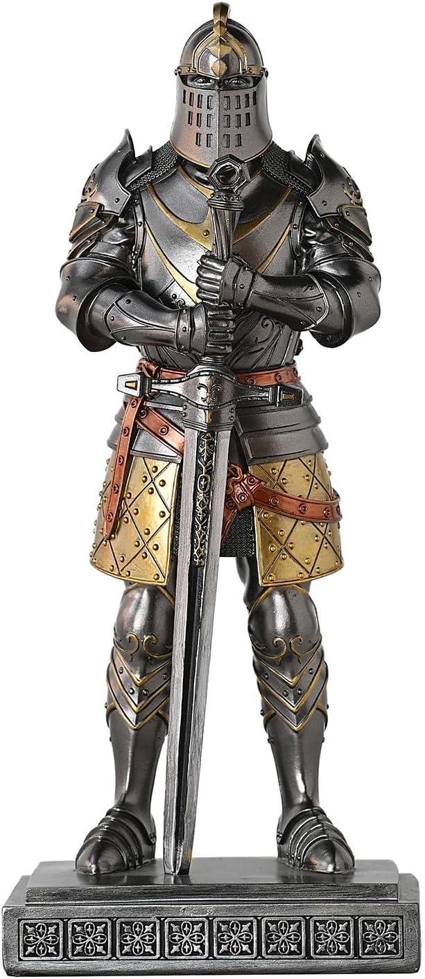Medieval Knight Statue King's Guard Medieval Decor Polyresin Knight Swordsman Armor Statue Top Collection as Gift 15.12 Inch(Iron)