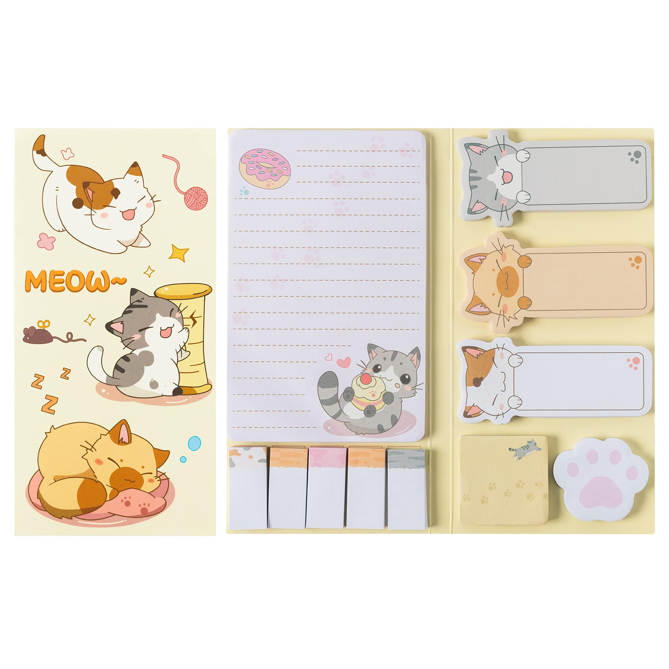 Tazweeq Cute Cartoon Cat Sticky Notes Set, Bundle Writing Memo Pads, Lovely Cat, Paw Shaped Self-Stick, Notes Pads Kitty Animal Divider Tabs, Back to School, Office Supplies, Small Gift