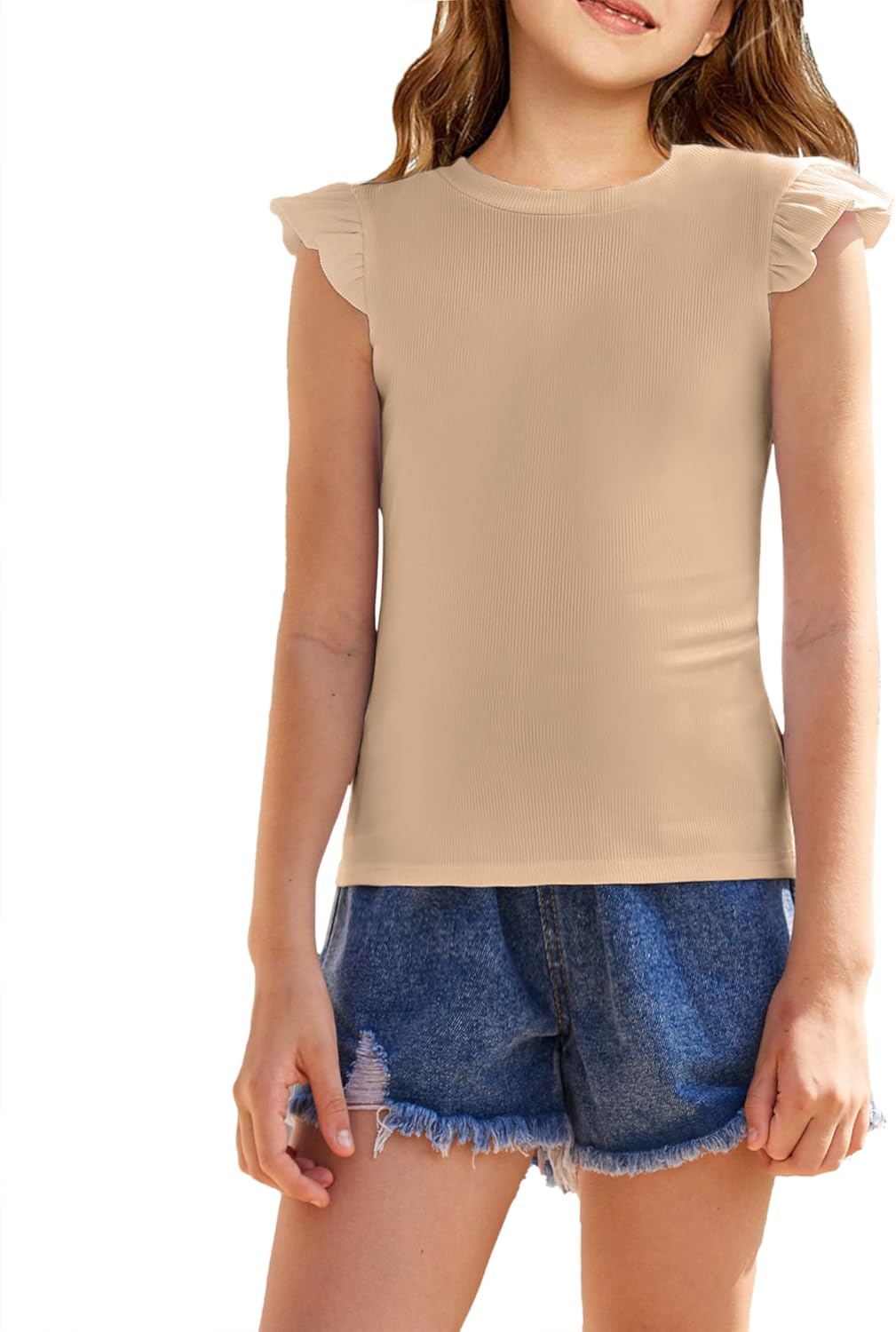 Girls T Shirts Ruffle Sleeve Summer Casual Ribbed Knit Crewneck Tee Tops Blouses