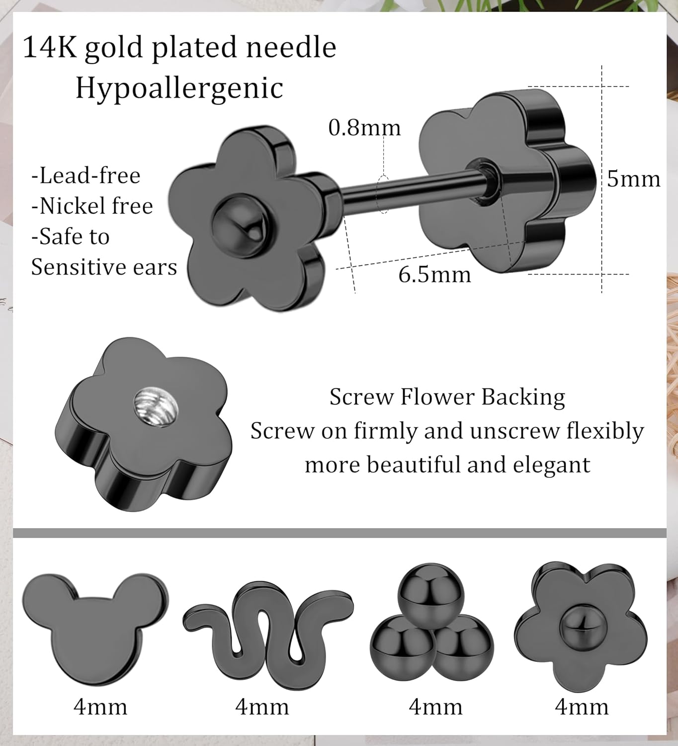 4Pairs Flat Back Earrings for Women 14K Gold Hypoallergenic Cartilage Earring for Sensitive Skin CZ Opal Heart Star Ball Screw Back Nap Earrings for Helix Piercing - Image 3