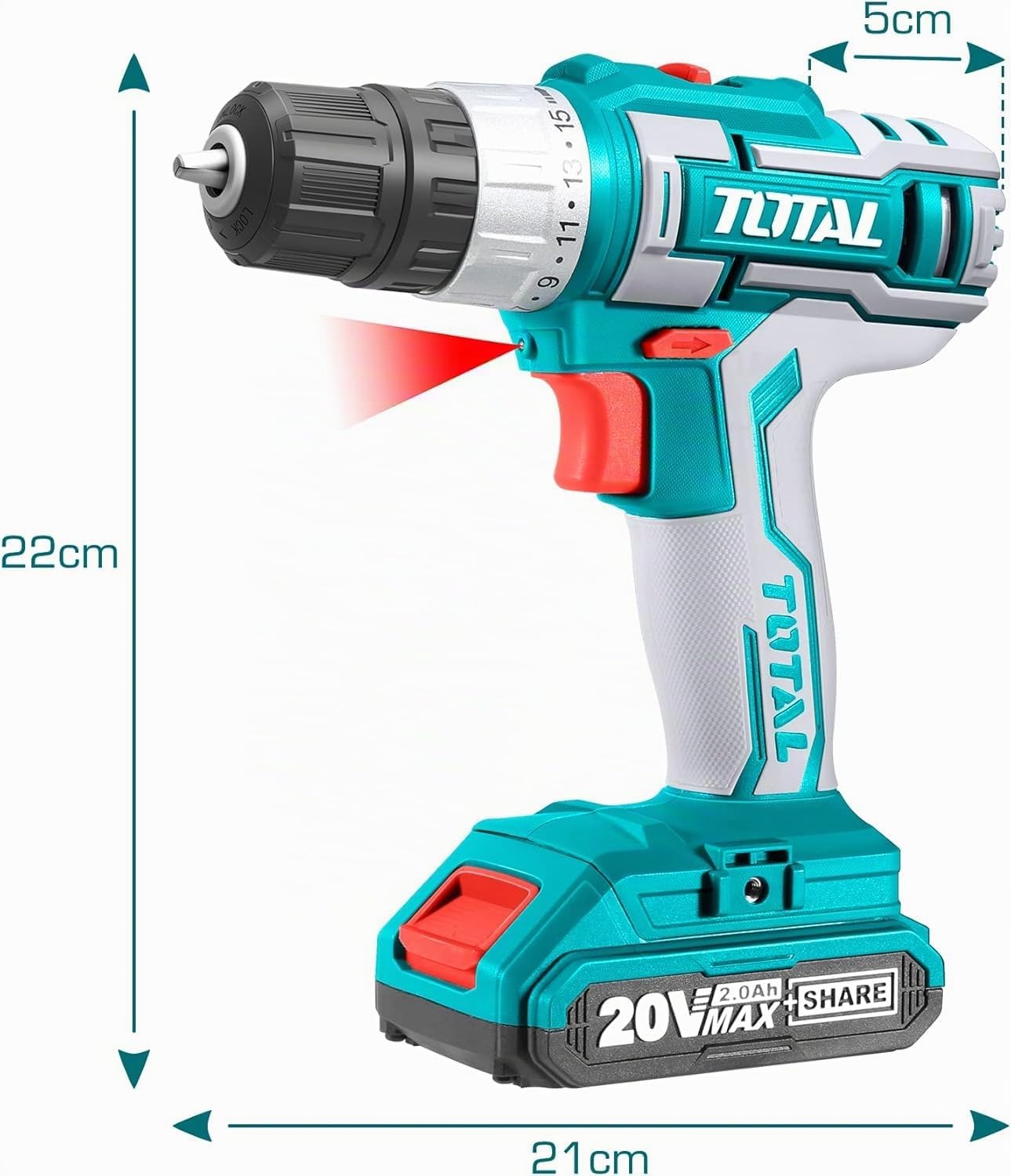 TOTAL - Trapano Avvitatore Batteria 20V, Trapano A Batteria 2Ah Con Caricabatterie, 45Nm Di Coppia 15+1 Impostazioni, 2 Velocità, 10mm Mandrino Autoserrante, Trapano Avvitatore Per Fai Da Te
