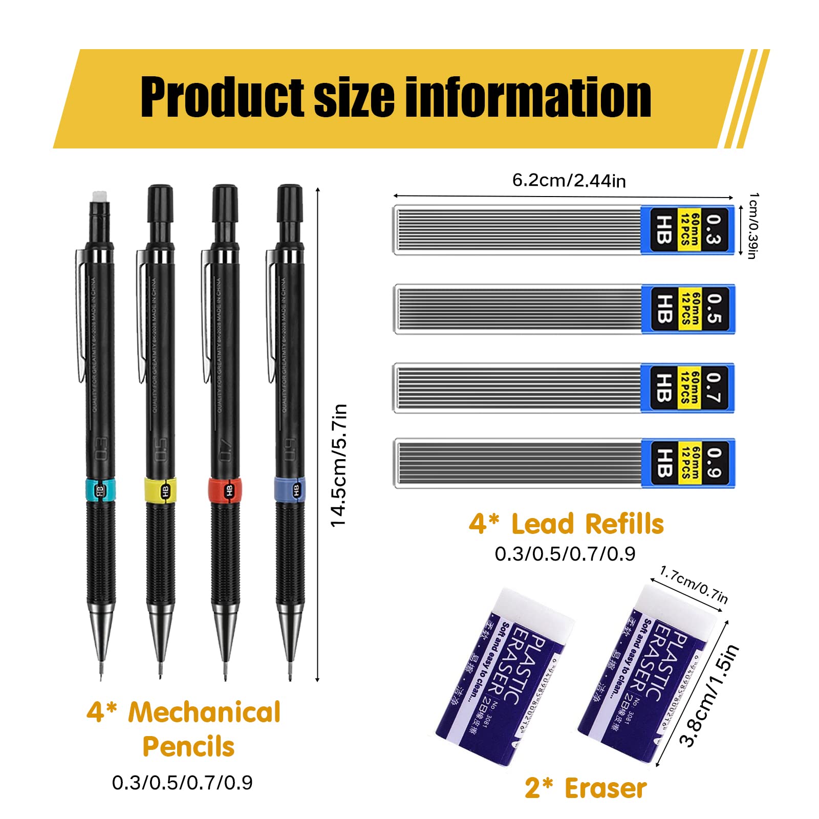 Set Portamine 0,3/0,5/0,7/0,9 Mm Con 48 Mine HB E 2 Gomme – Kit 10 Pezzi Per Scrittura, Disegno E Schizzi, Con Anello Indicatore Durezza