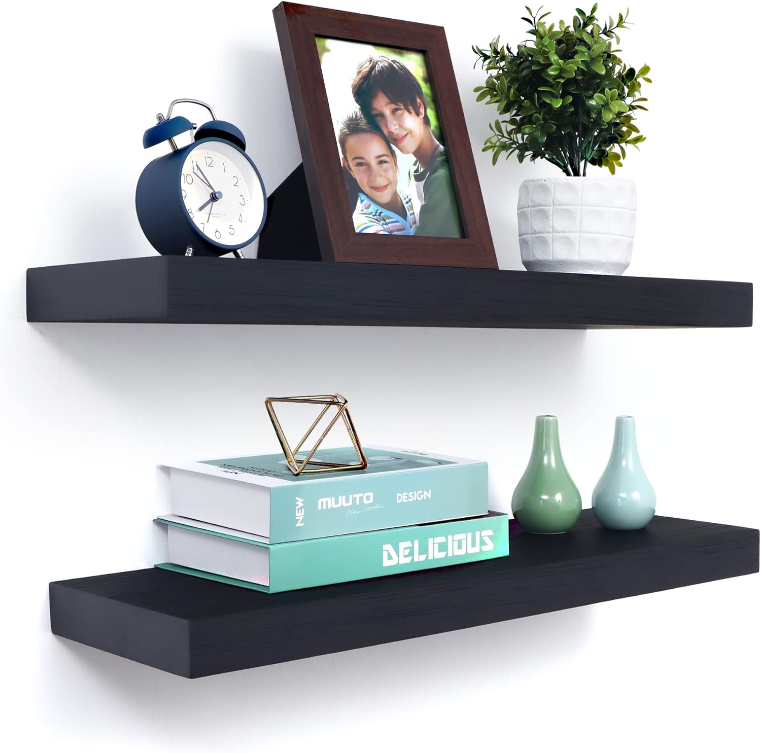 Black Floating Shelves, 8 Inch Deep Shelves for Wall, Farmhouse Rustic Wood Wall Shelves for Living Room, Bedroom, Home Decor, Thick Kitchen Wood Display Shelves, Set of 2, 24 x 8 x 1.6 inch