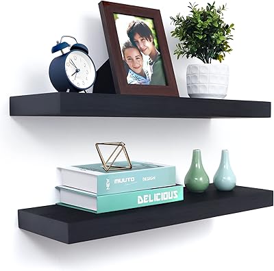 Rustic Floating Shelves Black, 8 Inch Deep Shelves for Wall Mounted, Thick Wooden Bathroom Shelves, Home Decor Floating Wall Shelves for Kitchen, Living Room, 24" W x 8" L x1.6 H, Set of 2