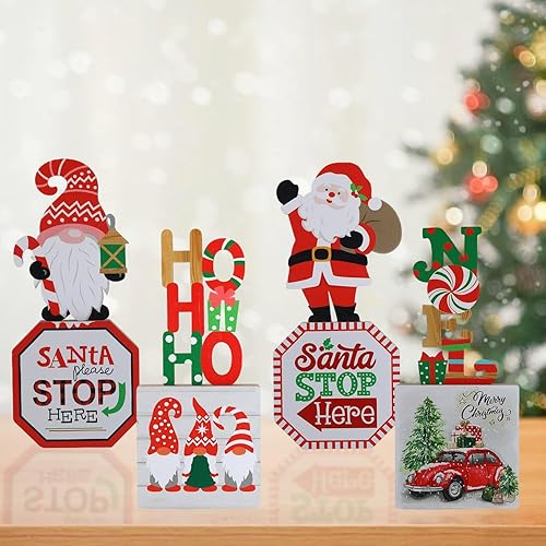 Miniatura 7 de Aovdy 4 carteles de mesa de Navidad, decoración de centro de mesa de madera, gnomo de Papá Noel, Noel, HOHOHO, decoración de escritorio de madera