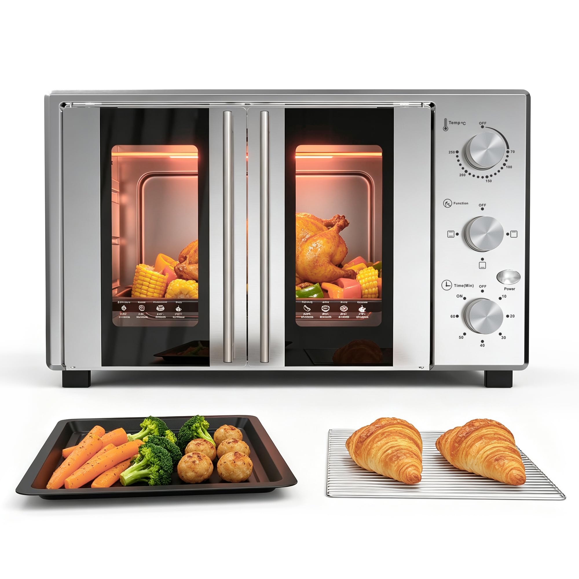 Mini Four Électrique 38L, Four Posable Double Porte 1600W | 3 Modes de Chauffage, Thermostat Réglable 250°C, Minuteur 60 min, Four à Pizza pour Pâtisserie, Poulet Rôti, Repas Familiaux