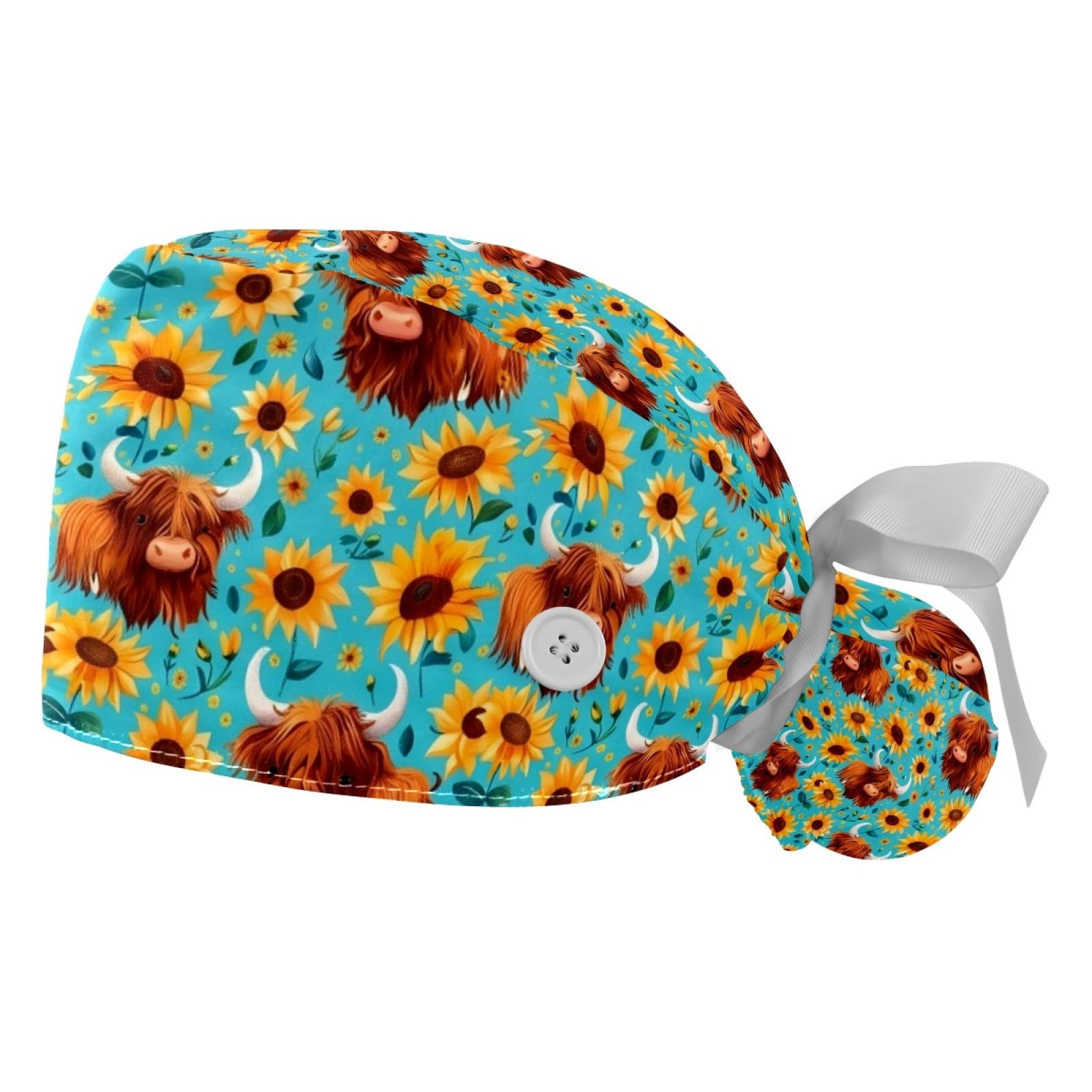 2 PCS Bouffant Cap with Button Ponytail Pouch Working Cap Sweatband Adjustable Surgical Cap Black and White Cow