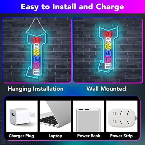 Miniatura 8 de Arcade - Letreros de neón de estilo retro con control remoto multifuncional para sala de juegos, bar en casa, fiesta temática de los años 80,