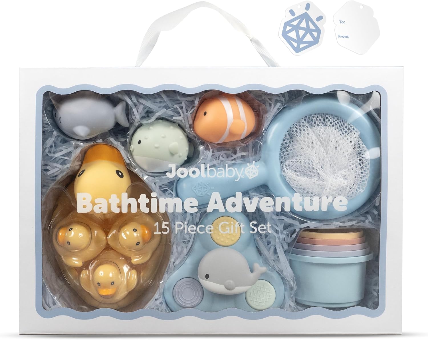 Jool Baby 15-Piece Bathtub Toys Gift Set – Bath Squirts, Rubber Ducks, Whale Fidget Spinner Toy – Bath Toy Storage Organizer Included