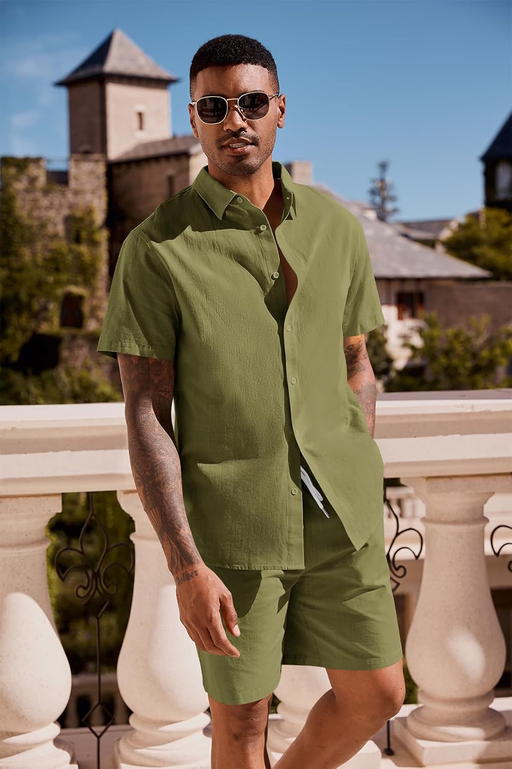 Runcati Mens Summer Beach Outfits 2 Piece Short Sleeve Sets Button Down Linen Cotton Shirts and Shorts Casual Vacation Set - Image 5