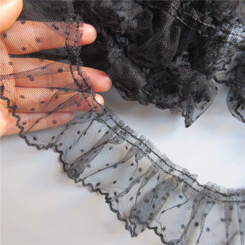 5 Meter Dot Pleated Organza Lace Edge Gathered Mesh Chiffon Trim Ribbon 6cm Width Vintage Style Edging Trimmings Fabric Embroidered Applique Sewing Craft Wedding Bridal Dress Party Home Decor (Black)