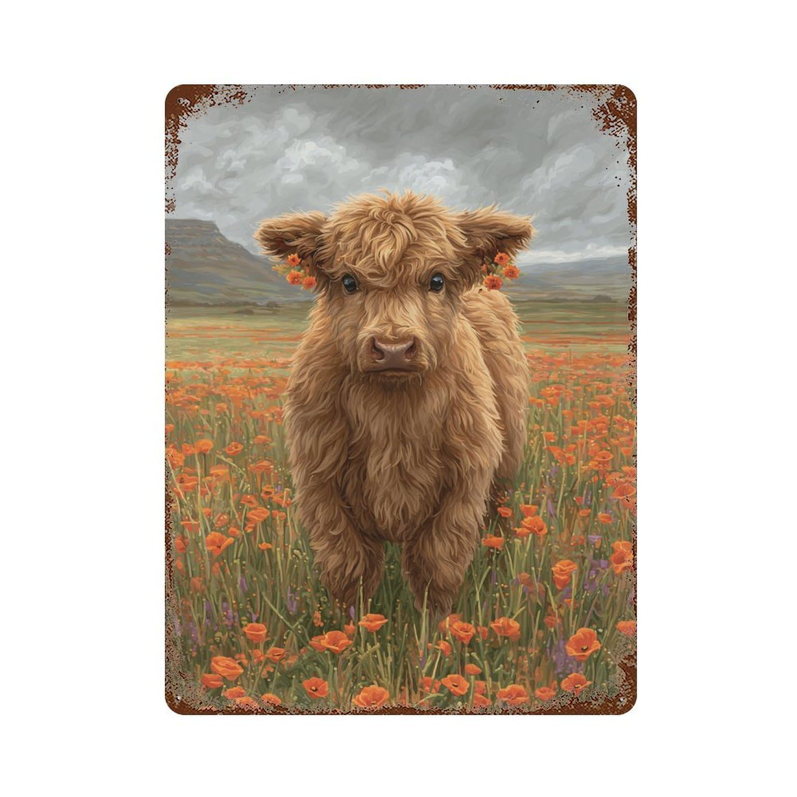 Highland Cow in Poppy Field Retro Metal Sign 15.7"x11.8", Classic Wall Plaque for Basement, Hobby Room And Garage Decor