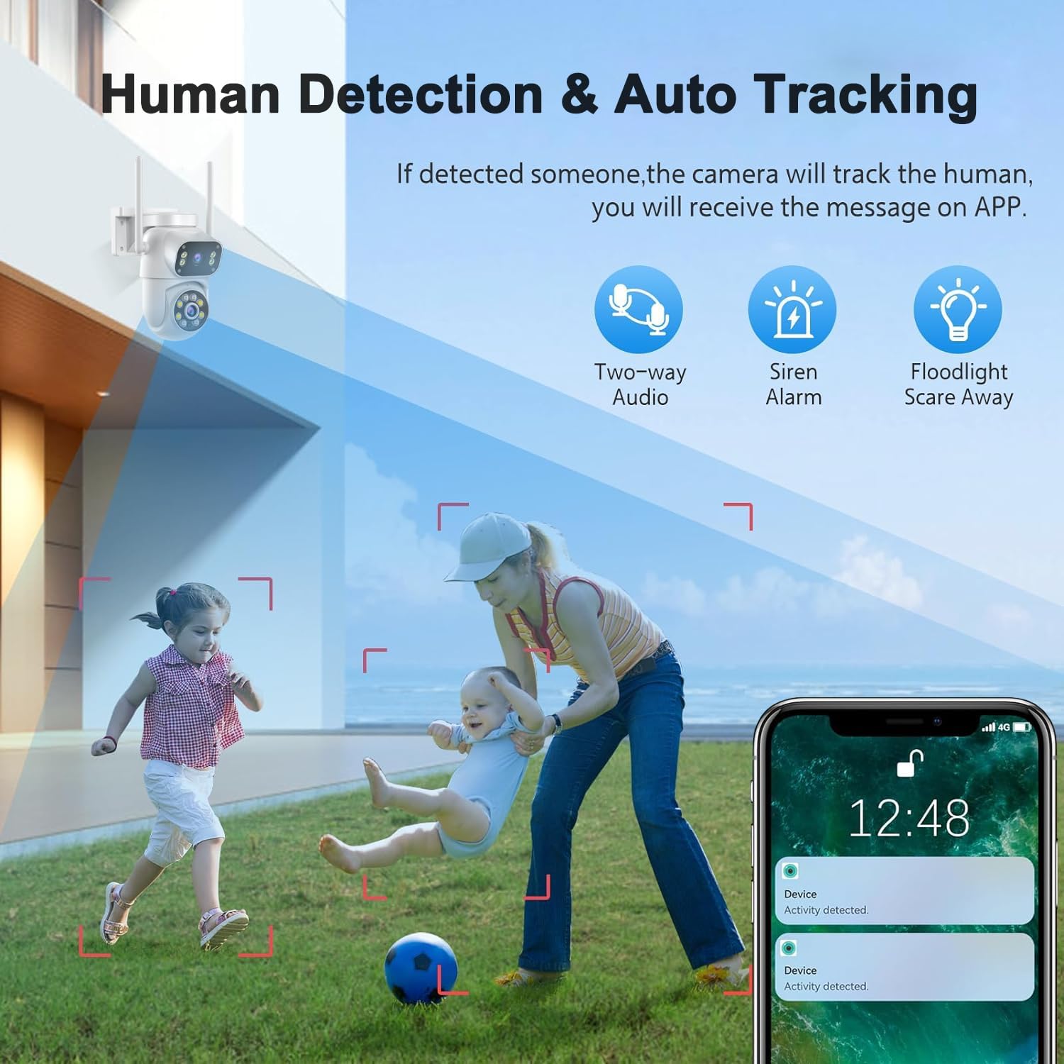 Wireless Dual Lens Surveillance Security Camera Outdoor Indoor, 2.4GHz WiFi PTZ Camera for Home Security, Color Night Vision, Human Detection & AutoTracking, Two Way Audio, Waterproof, SD Slot - Image 4