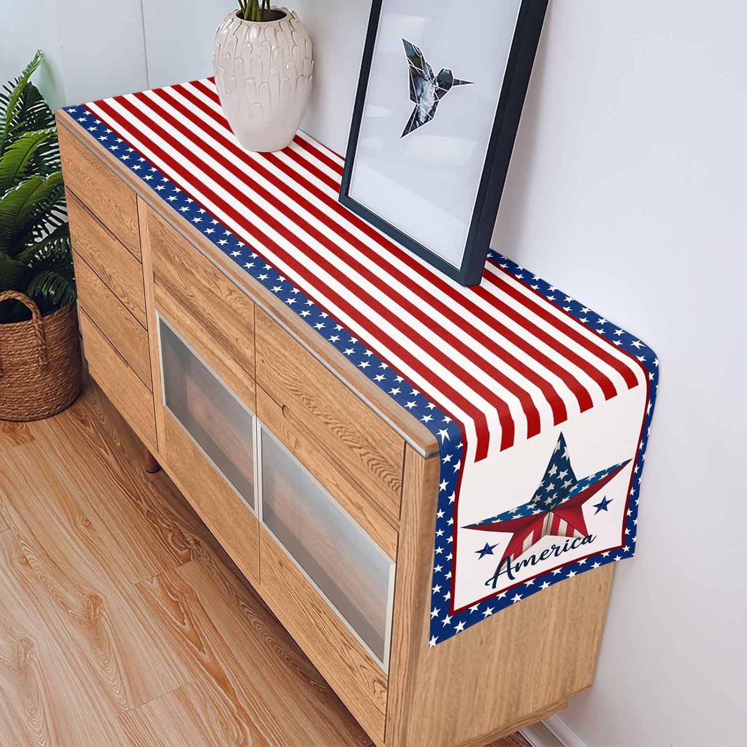 4th of July Table Runner 72 inches Long American Flag Freedom Stars Patriotic Coffee Table Runner for Kitchen/Dining Runners for Party Home Decor Dresser Scarves Tabletop Decoration 16x72in