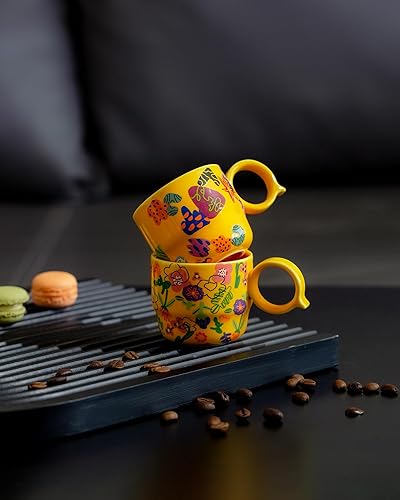 Miniatura 7 de Juego de 2 mini tazas de cerámica para café expreso dobles de 3 onzas con mango Q, patrón floral y fruta, tazas pequeñas de café espresso para el
