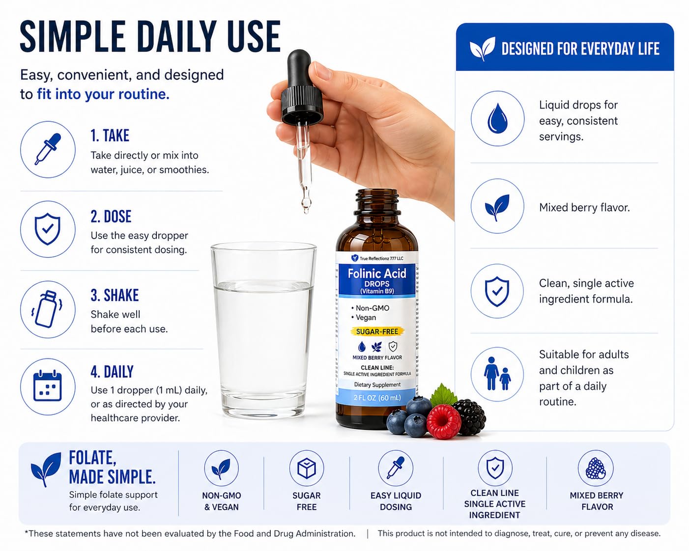 Folinic Acid Drops Kids & Adults - 500mcg Vitamin B9 Liquid Kids 60 mL | Methylation Support Supplement | Bioavailable Folate | Sugar Free, Non-GMO, Vegan | Gentle Methylation — Amazon image 5